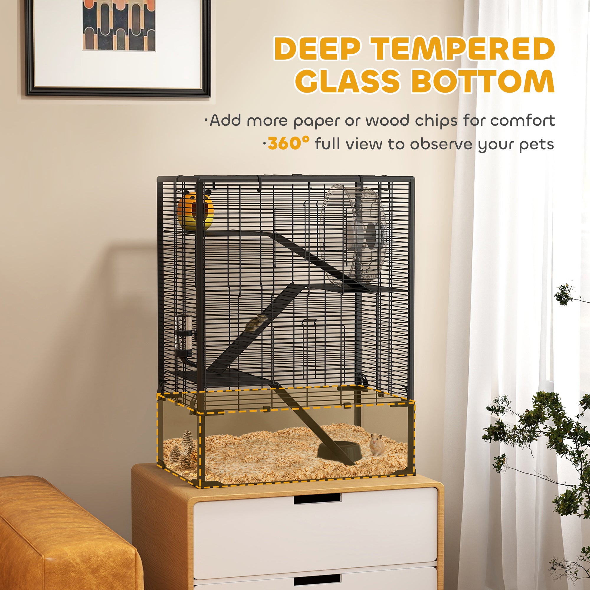 PawHut Large Hamster Cage with Deep Tempered Glass Bottom, 4 Tiers Hamster Tank with Running Wheel, Hut, Water Bottle, Dish, Rat Cage for Syrian, Dwarf, Gerbils, Mouse, 24" x 16" x 31.5", Black