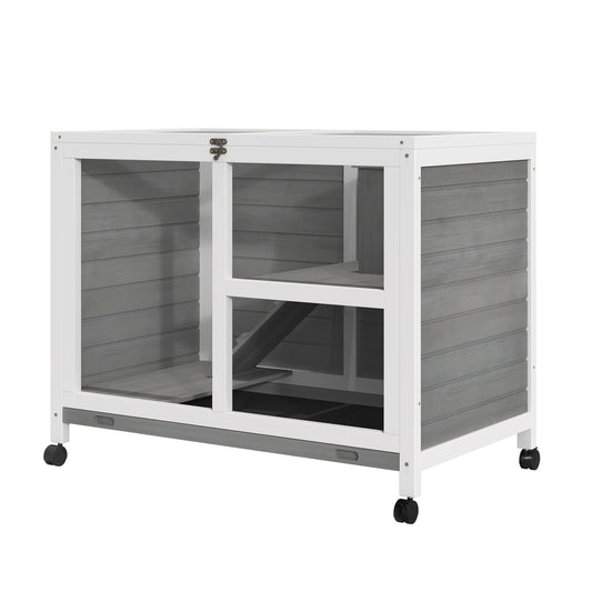 Indoor Rabbit Hutch with Wheels, Bunny Cage Guinea Pig House Small Animals Habitat W/ Top Access, Ramp, Pull Out Tray, Grey