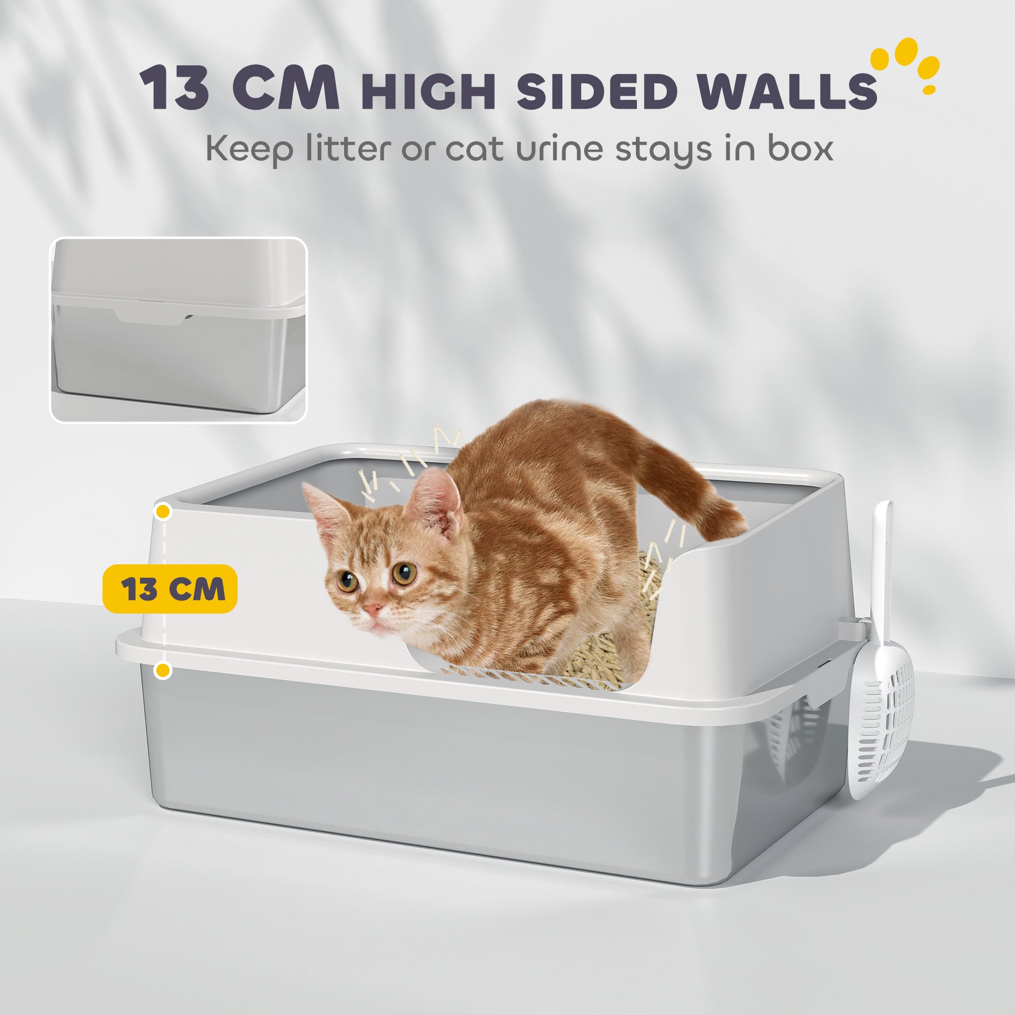 Stainless Steel Litter Box, High Sided Metal Cat Litter Tray with Detachable Rim, Scoop, Easy Cleaning, Odour-Resistant, 60 x 40 x 28 cm