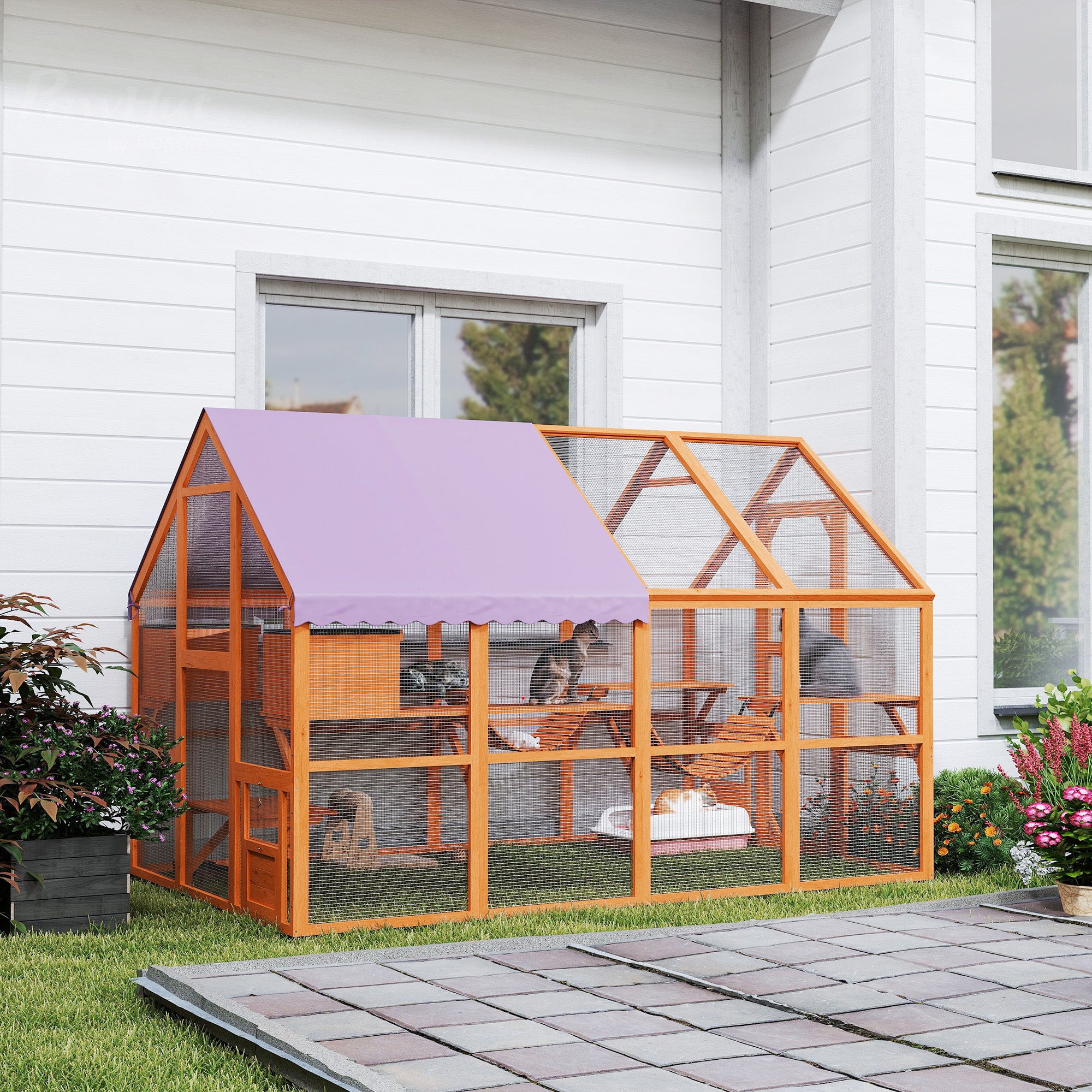 Catio Outdoor Cat Enclosure Wooden Feral House with Weatherproof Canopy, Bridges, Resting Boxes, Platforms, for 3-6 Cats, Orange