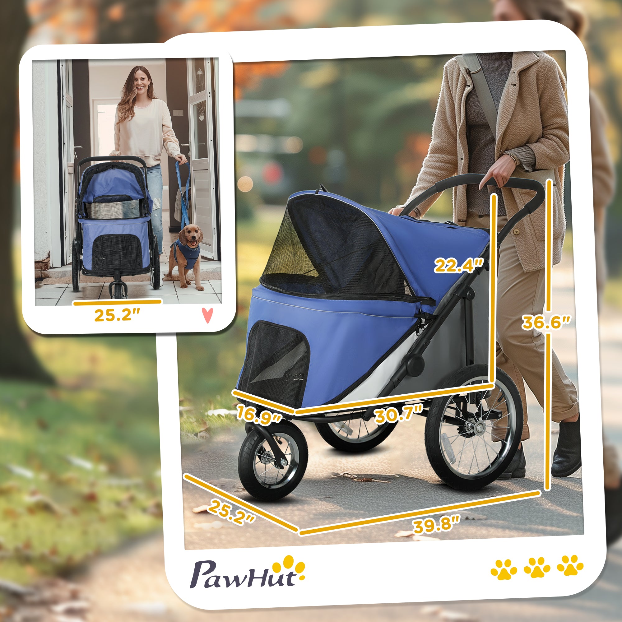 PawHut Dog Stroller, Pet Stroller 3 Wheels with Easy One-Hand Fold, Rubber Wheels, Storage Bag, Soft Cushion, Safety Leash, for Small & Medium Dogs, Blue