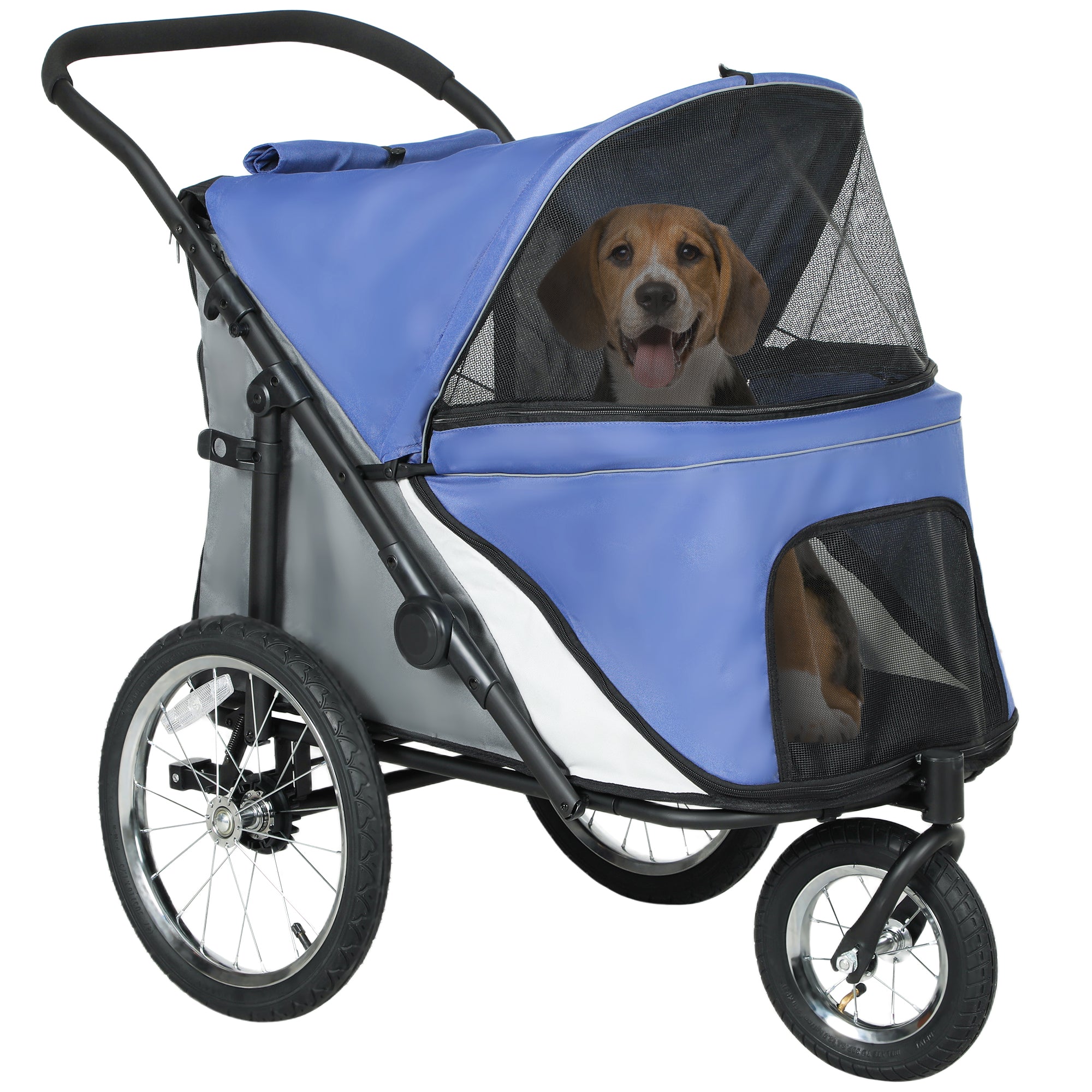 PawHut Dog Stroller, Pet Stroller 3 Wheels with Easy One-Hand Fold, Rubber Wheels, Storage Bag, Soft Cushion, Safety Leash, for Small & Medium Dogs, Blue