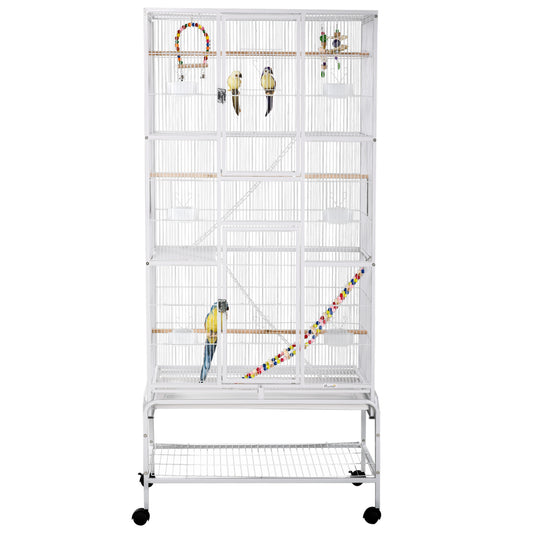 Large Bird Cage Budgie Cage 3 Tier Aviary with Stand Wheels, Toys, Ladders, Shelf for Canaries, Finches, Cockatiels, Parakeets - White