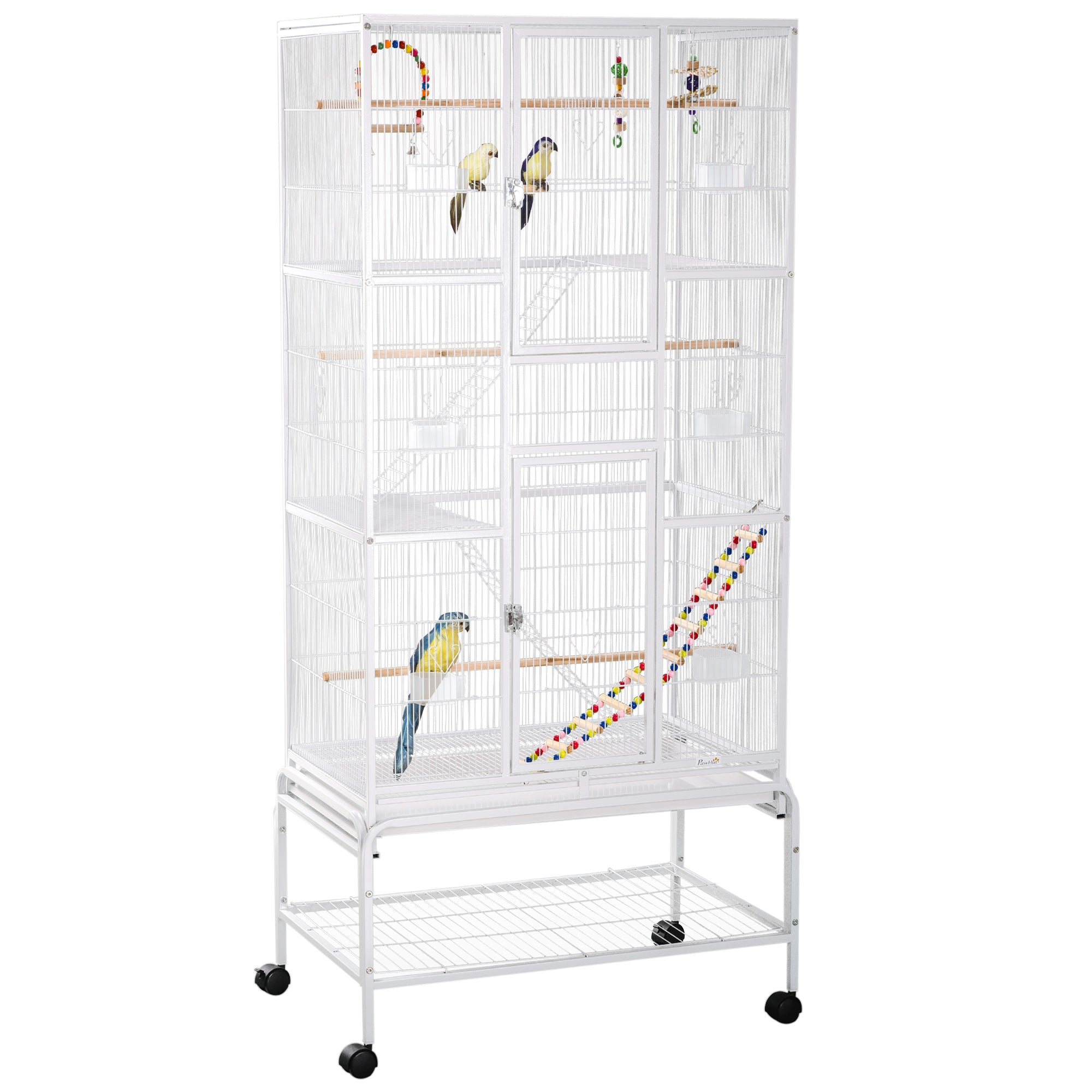 71" Bird Cage, 3 Tier Large Parrot Cage with Wheels, Perches, Ramp, Storage Shelf, Toys for Canaries, Finches, Cockatiels, Parakeets, White