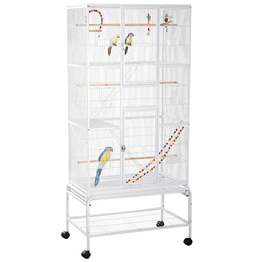 71" Bird Cage, 3 Tier Large Parrot Cage with Wheels, Perches, Ramp, Storage Shelf, Toys for Canaries, Finches, Cockatiels, Parakeets, White