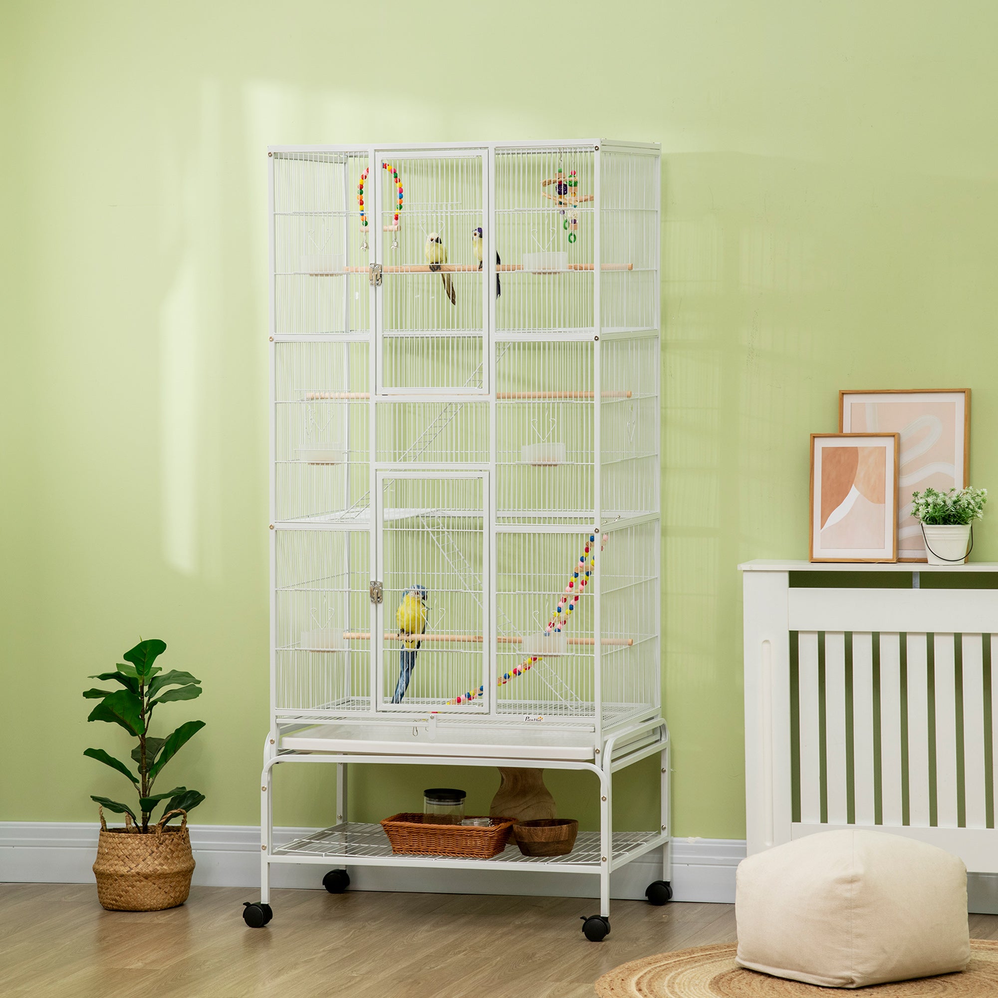 71" Bird Cage, 3 Tier Large Parrot Cage with Wheels, Perches, Ramp, Storage Shelf, Toys for Canaries, Finches, Cockatiels, Parakeets, White