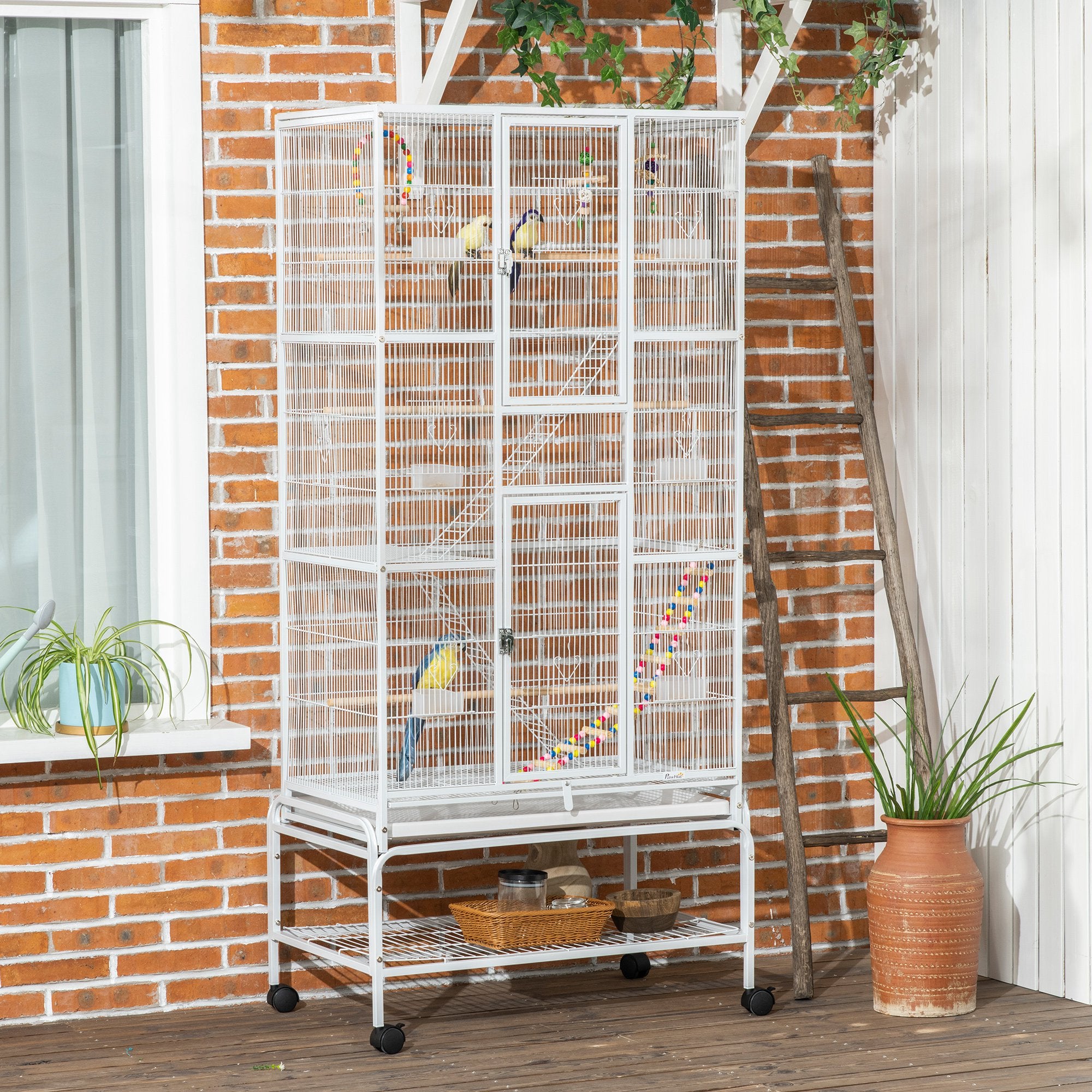 Large Bird Cage Budgie Cage 3 Tier Aviary with Stand Wheels, Toys, Ladders, Shelf for Canaries, Finches, Cockatiels, Parakeets - White