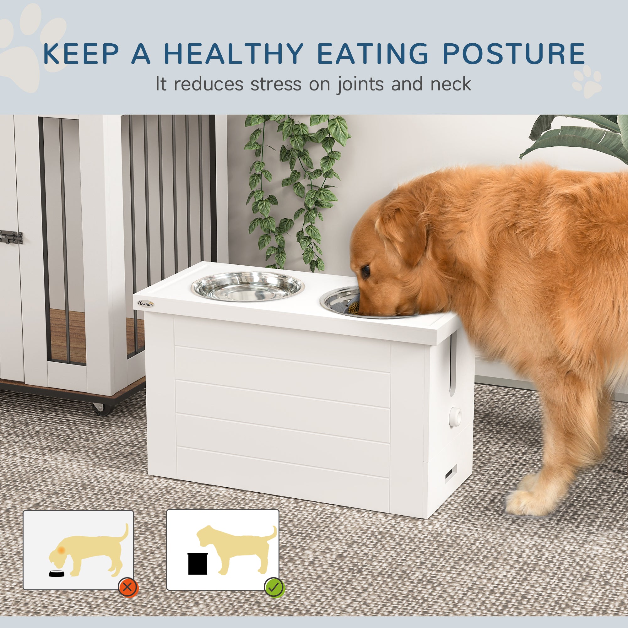 PawHut Elevated Dog Bowls with Slow Feeder Mat & Semi-Auto Dispenser Function, Pet Feeding Station with Storage Cabinet, 3 Stainless Steel Bowls, Raised Dog Bowls for Large & Extra Large Dogs, White