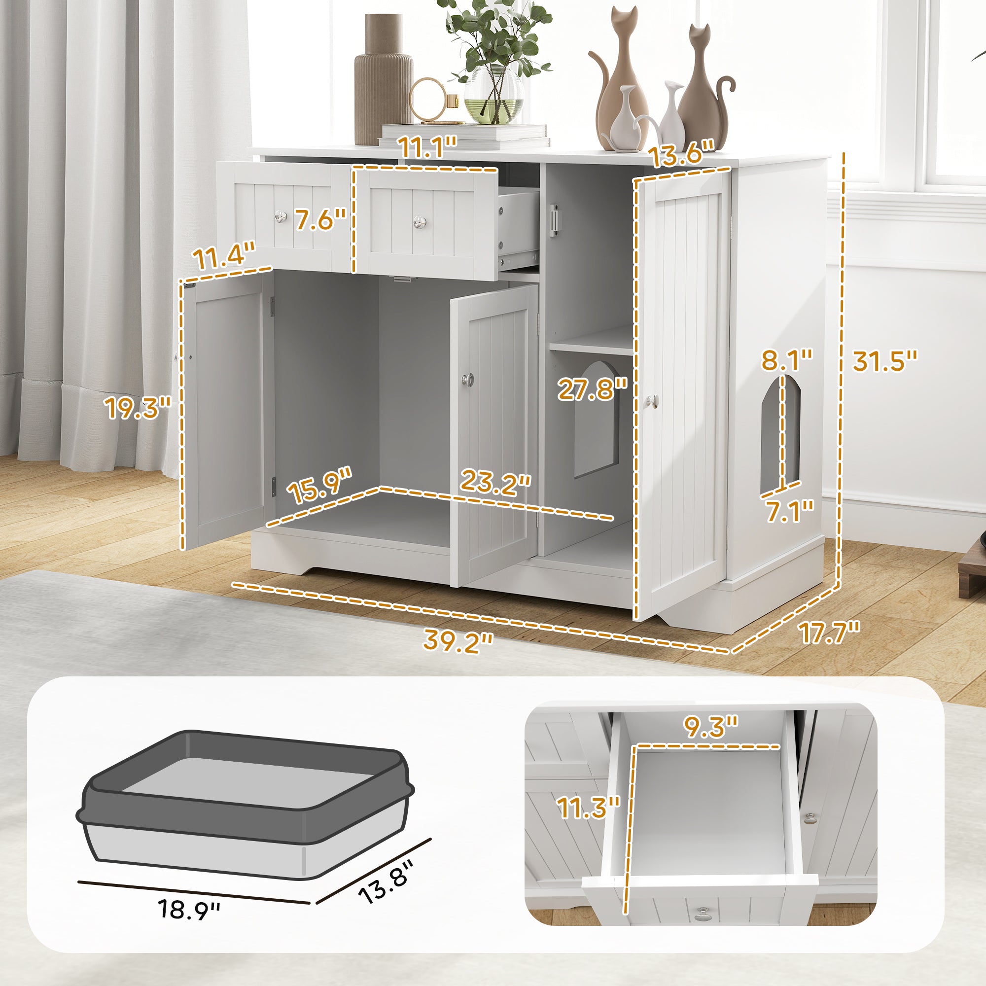 PawHut Cat Litter Box Enclosure, Hidden Litter Box Furniture with Drawers, Storage, Anti-tip Kit, Cat Washroom Cat House End Side Table, 39" x 18" x 31.5", White