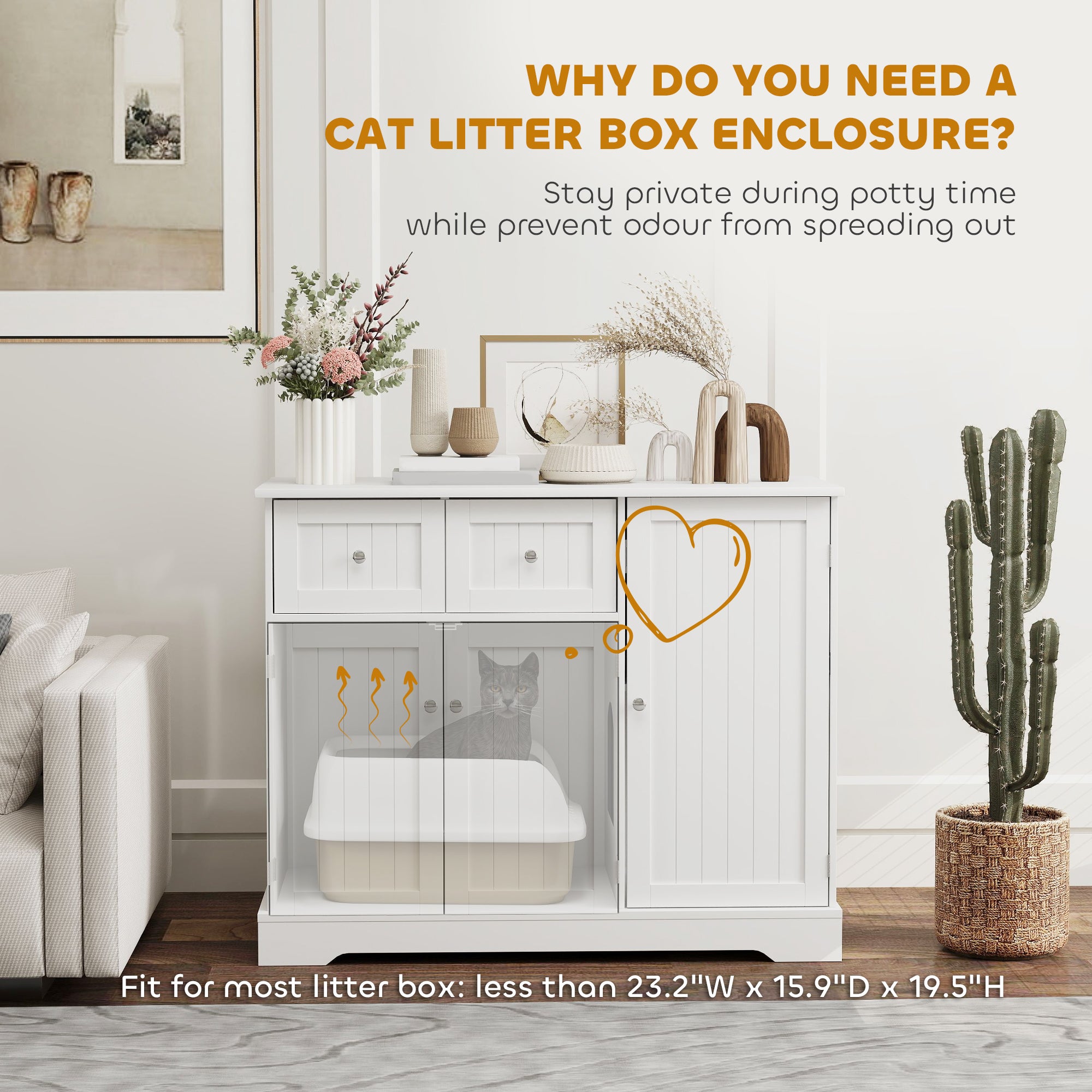 PawHut Cat Litter Box Enclosure, Hidden Litter Box Furniture with Drawers, Storage, Anti-tip Kit, Cat Washroom Cat House End Side Table, 39" x 18" x 31.5", White