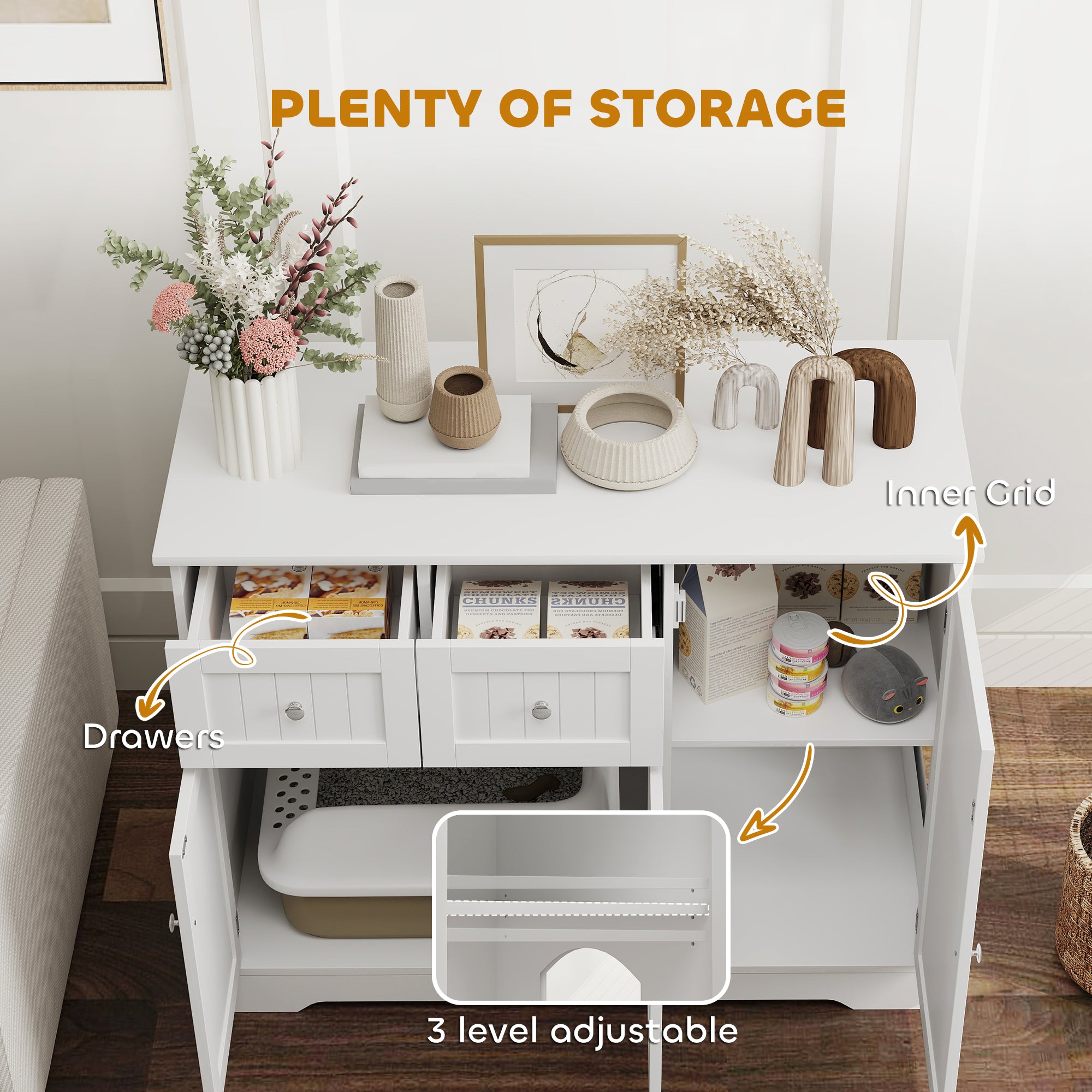 Cat Litter Box Enclosure, Hidden Litter Box Furnitrue Indoor Cat House with Drawer, Storage, Anti-tip Kit, Cat Washroom for Living Room, Bedroom, White