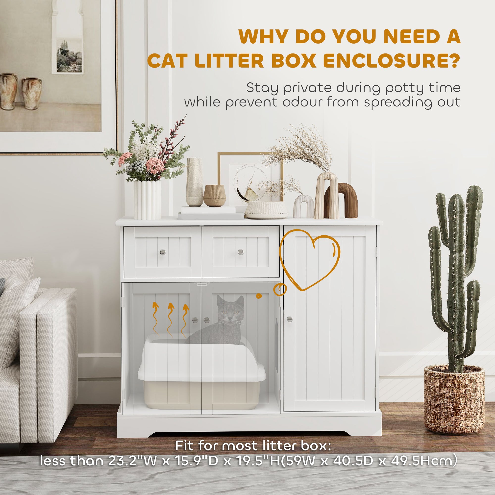 Cat Litter Box Enclosure, Hidden Litter Box Furnitrue Indoor Cat House with Drawer, Storage, Anti-tip Kit, Cat Washroom for Living Room, Bedroom, White