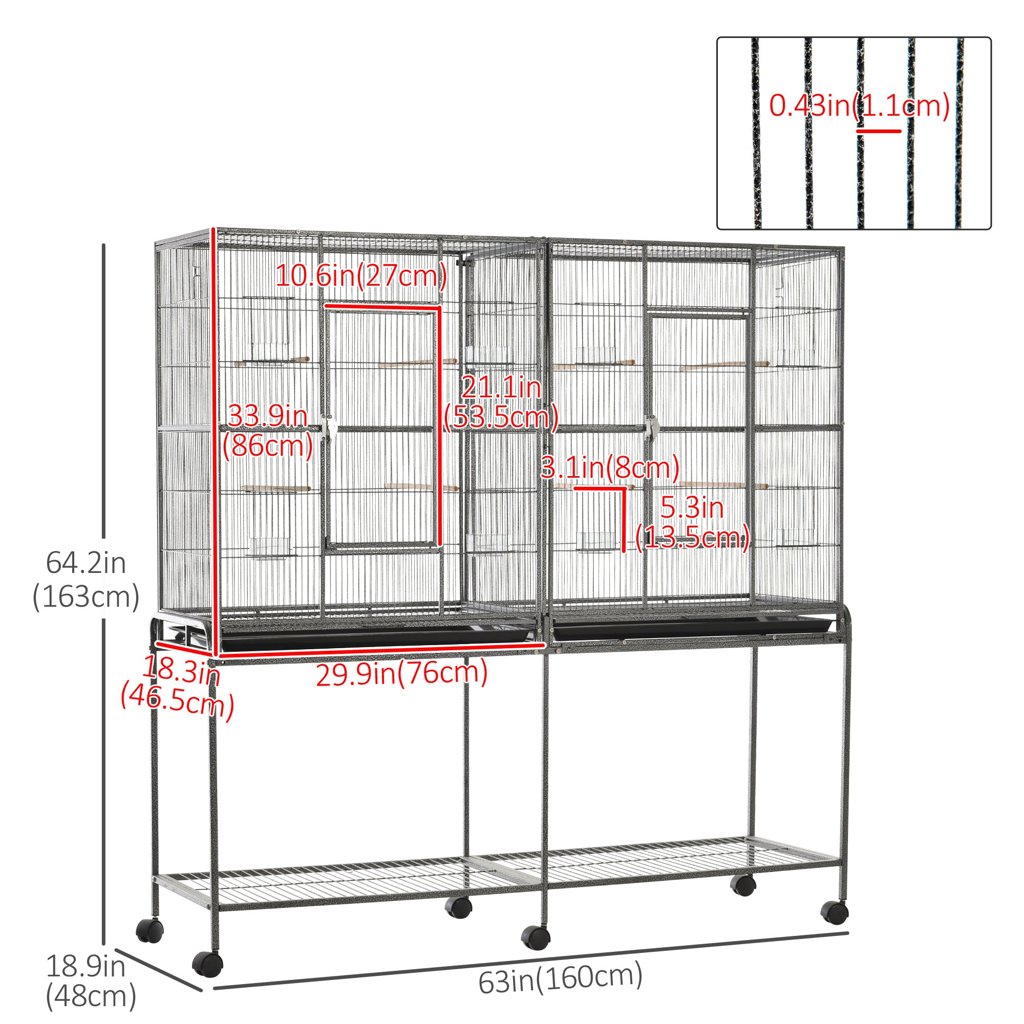 64" Extra Large Bird Cage, Rolling Metal Parrot Cage, Bird House with Detachable Rolling Stand, Storage Shelf, Wood Perch, Food Container, 62.8" x 18.9" x 64.2"
