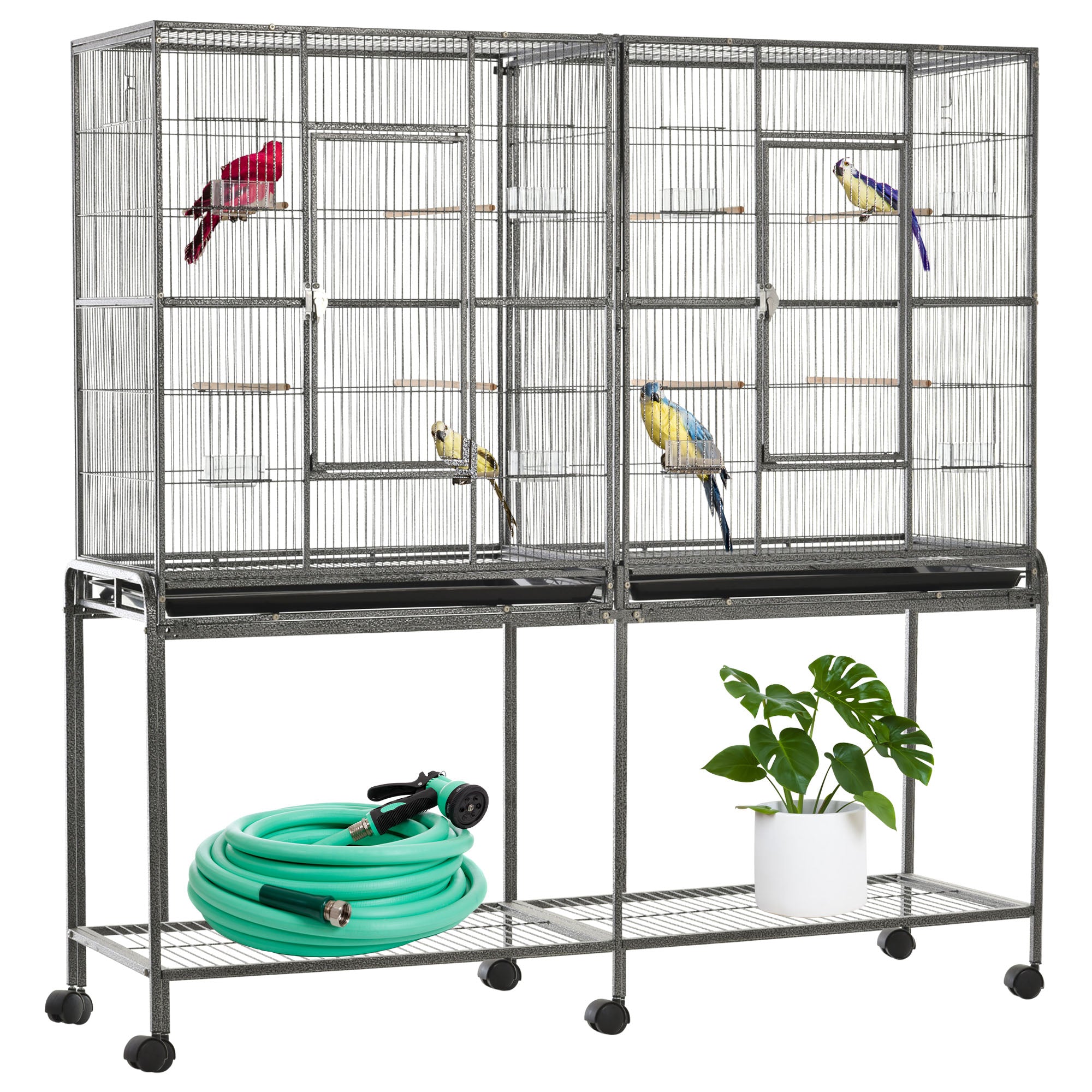 64" Extra Large Bird Cage, Rolling Metal Parrot Cage, Bird House with Detachable Rolling Stand, Storage Shelf, Wood Perch, Food Container, 62.8" x 18.9" x 64.2"
