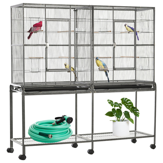 64" Extra Large Bird Cage, Rolling Metal Parrot Cage, Bird House with Detachable Rolling Stand, Storage Shelf, Wood Perch, Food Container, 62.8" x 18.9" x 64.2"
