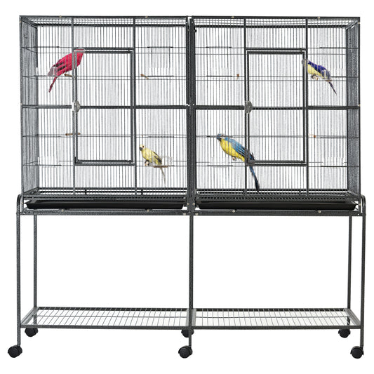 64" Extra Large Bird Cage, Rolling Metal Parrot Cage, Bird House with Detachable Rolling Stand, Storage Shelf, Wood Perch, Food Container, 62.8" x 18.9" x 64.2"