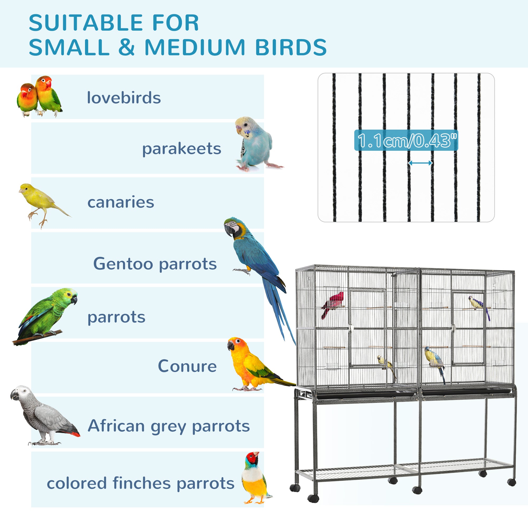 64" Extra Large Bird Cage, Rolling Metal Parrot Cage, Bird House with Detachable Rolling Stand, Storage Shelf, Wood Perch, Food Container, 62.8" x 18.9" x 64.2"