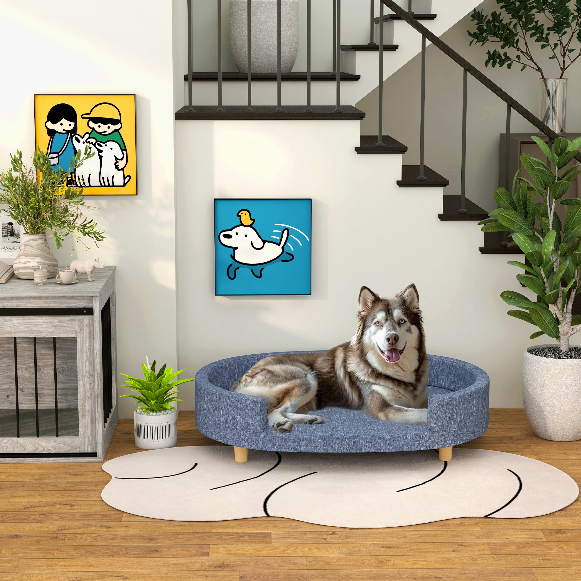 PawHut Dog Couch, Pet Sofa Bed for Large Dogs, Elevated Dog Sofa with Removable Top, Washable Cover, Blue