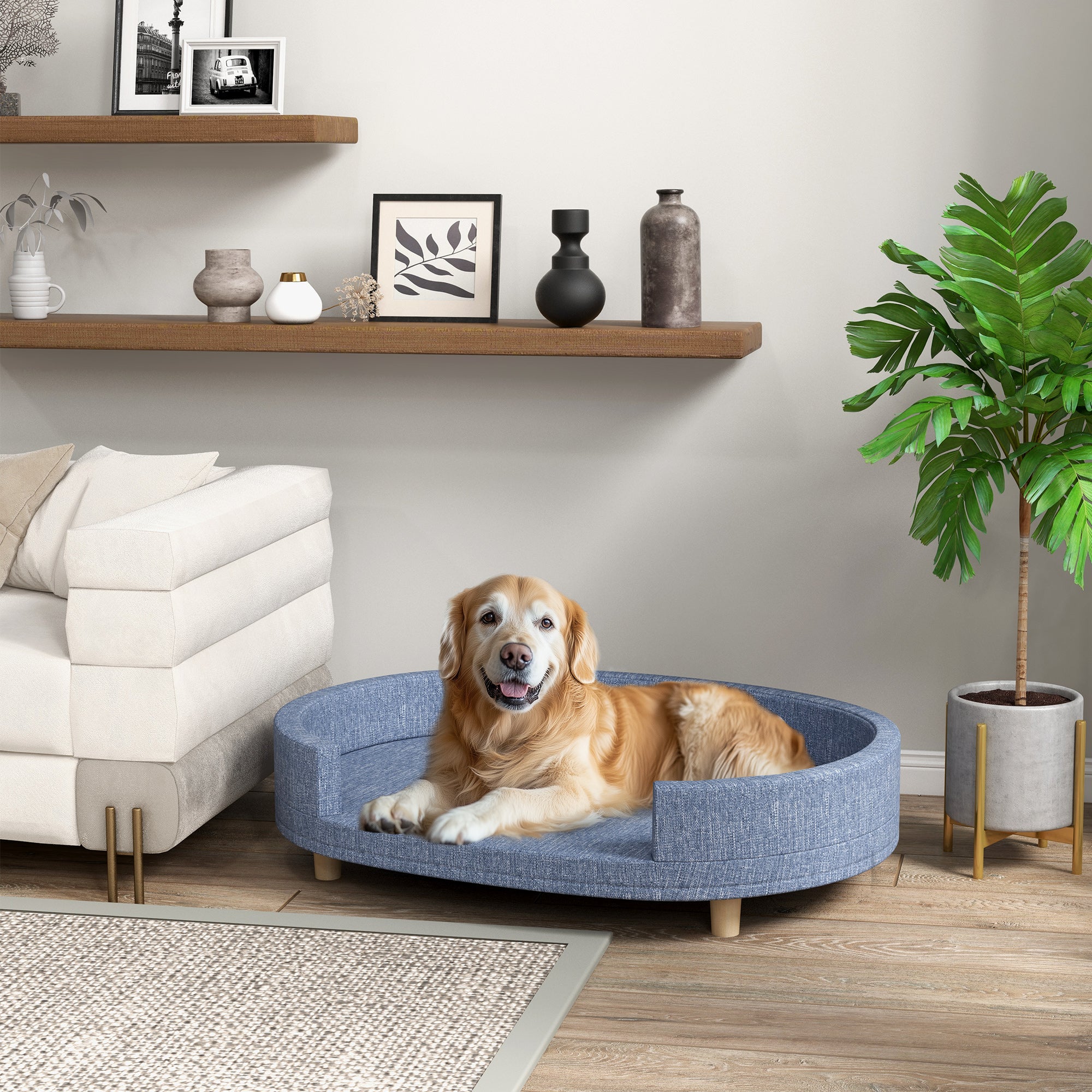 PawHut Dog Couch, Pet Sofa Bed for Large Dogs, Elevated Dog Sofa with Removable Top, Washable Cover, Blue