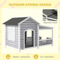 Load image into Gallery viewer, PawHut Wooden Dog House Outdoor with Porch, Cabin Style Raised Dog Shelter with Asphalt Roof, Doors, and Shutter Window, for Medium Large Sized Dog, Light Gray