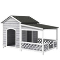 Load image into Gallery viewer, PawHut Wooden Dog House Outdoor with Porch, Cabin Style Raised Dog Shelter with Asphalt Roof, Doors, and Shutter Window, for Medium Large Sized Dog, Light Gray