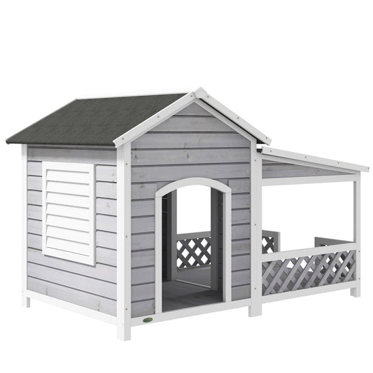 PawHut Wooden Dog House Outdoor with Porch, Cabin Style Raised Dog Shelter with Asphalt Roof, Doors, and Shutter Window, for Medium Large Sized Dog, Light Gray