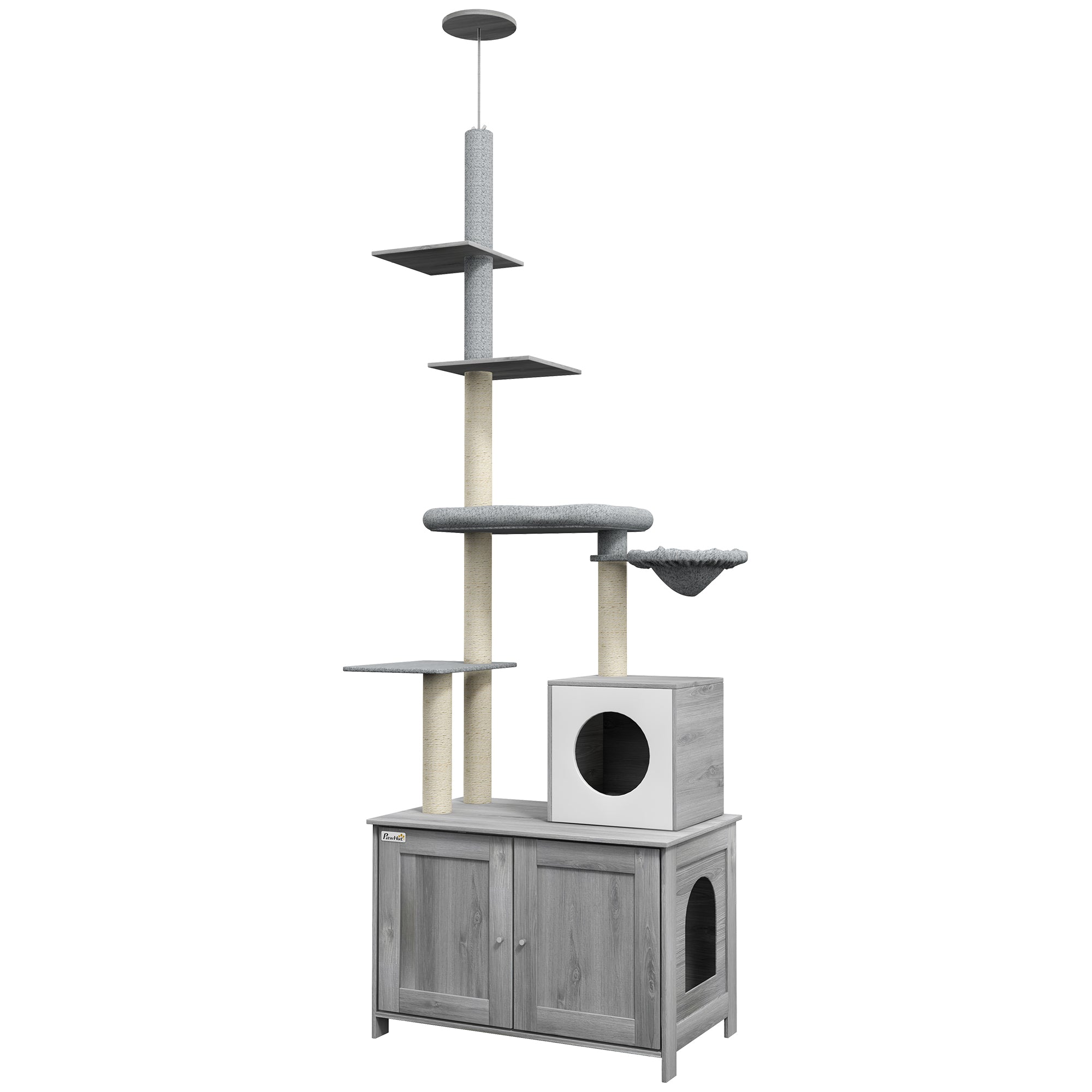 PawHut Cat Tree with Litter Box Enclosure, 2 in 1 Floor to Ceiling Cat Tower Litter Box Furniture with Condo, Bed, Hammock, Scratching Posts, and Platforms for Indoor Use, Gray