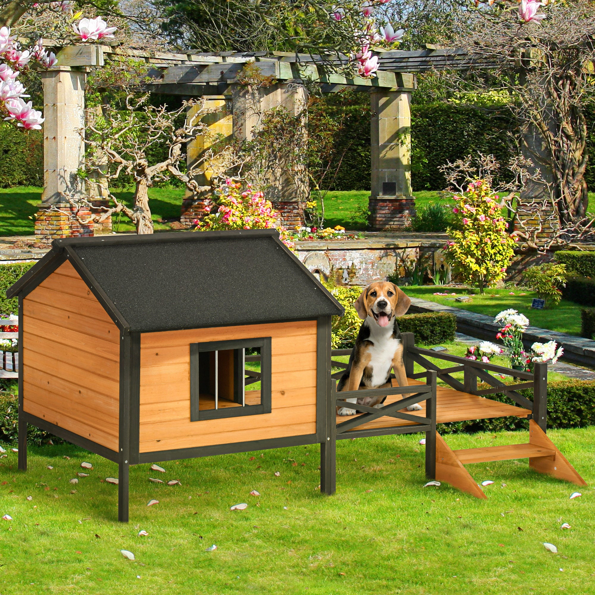 PawHut Outdoor Dog House with Porch, Wooden Dog Kennel with Water-resistant Asphalt Roof, Ladders, Fencing, Window, for Small and Medium Dog, Natural