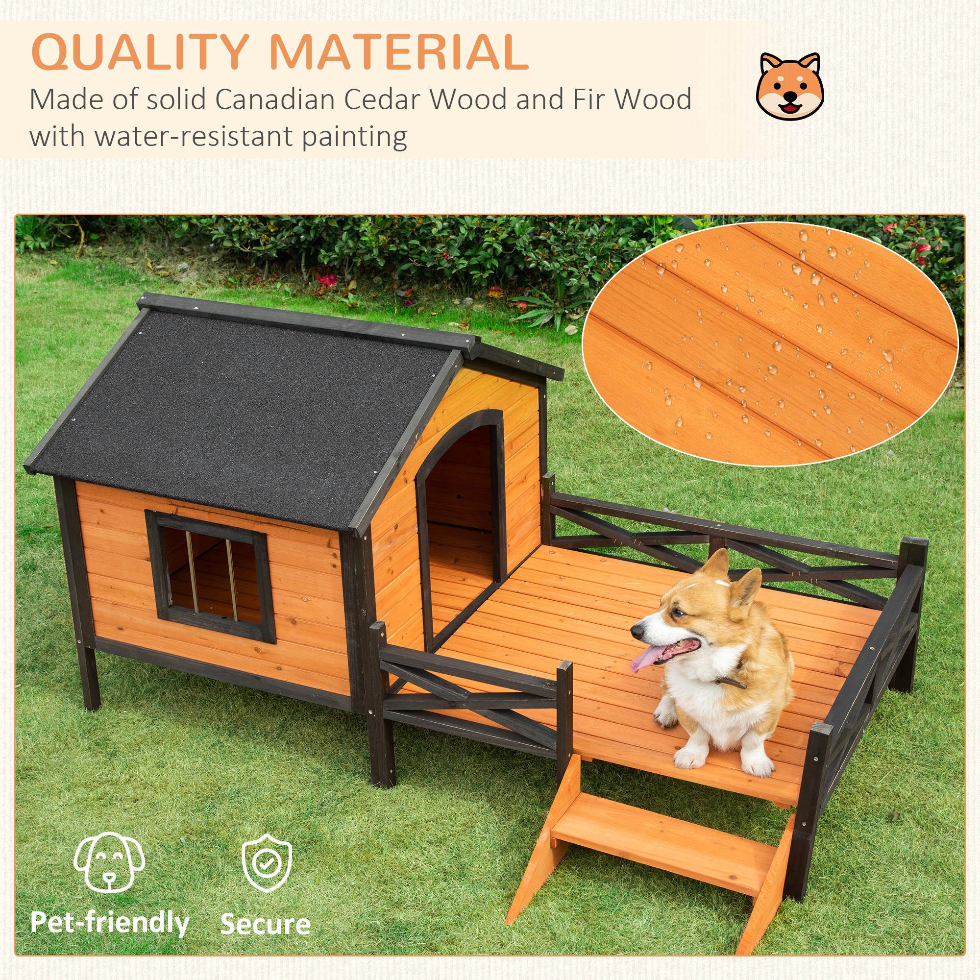 PawHut Outdoor Dog House with Porch, Wooden Dog Kennel with Water-resistant Asphalt Roof, Ladders, Fencing, Window, for Small and Medium Dog, Natural