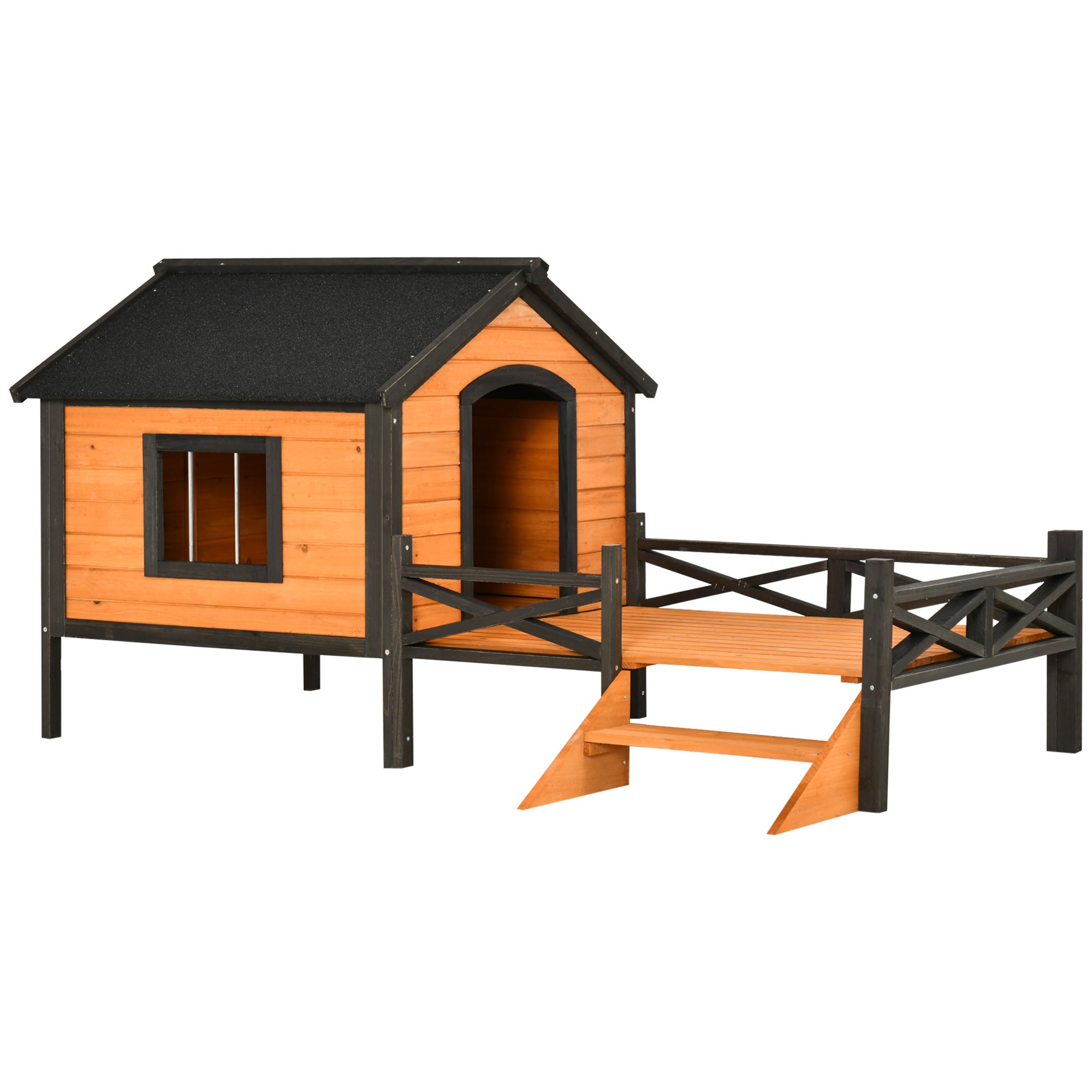 PawHut Outdoor Dog House with Porch, Wooden Dog Kennel with Water-resistant Asphalt Roof, Ladders, Fencing, Window, for Small and Medium Dog, Natural