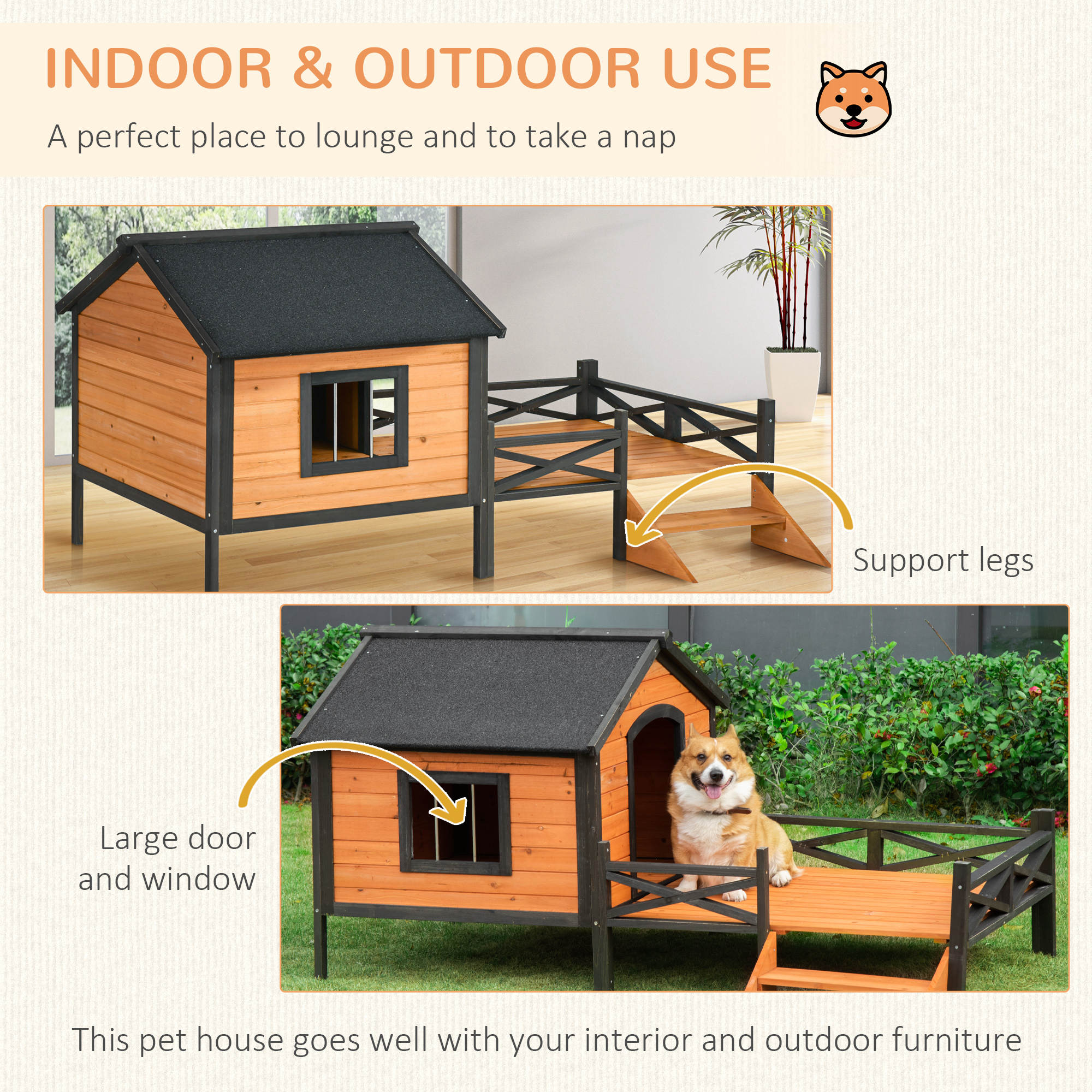 PawHut Outdoor Dog House with Porch, Wooden Dog Kennel with Water-resistant Asphalt Roof, Ladders, Fencing, Window, for Small and Medium Dog, Natural
