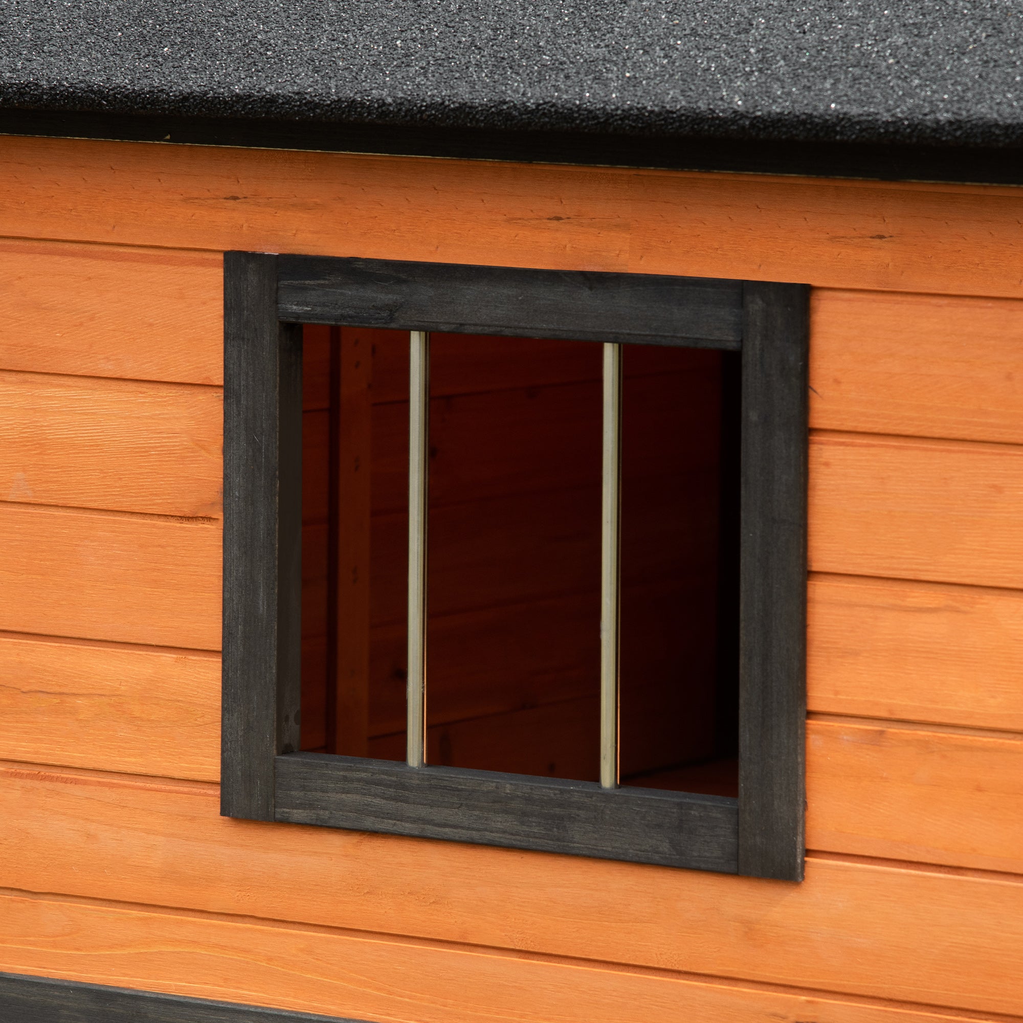 PawHut Outdoor Dog House with Porch, Wooden Dog Kennel with Water-resistant Asphalt Roof, Ladders, Fencing, Window, for Small and Medium Dog, Natural