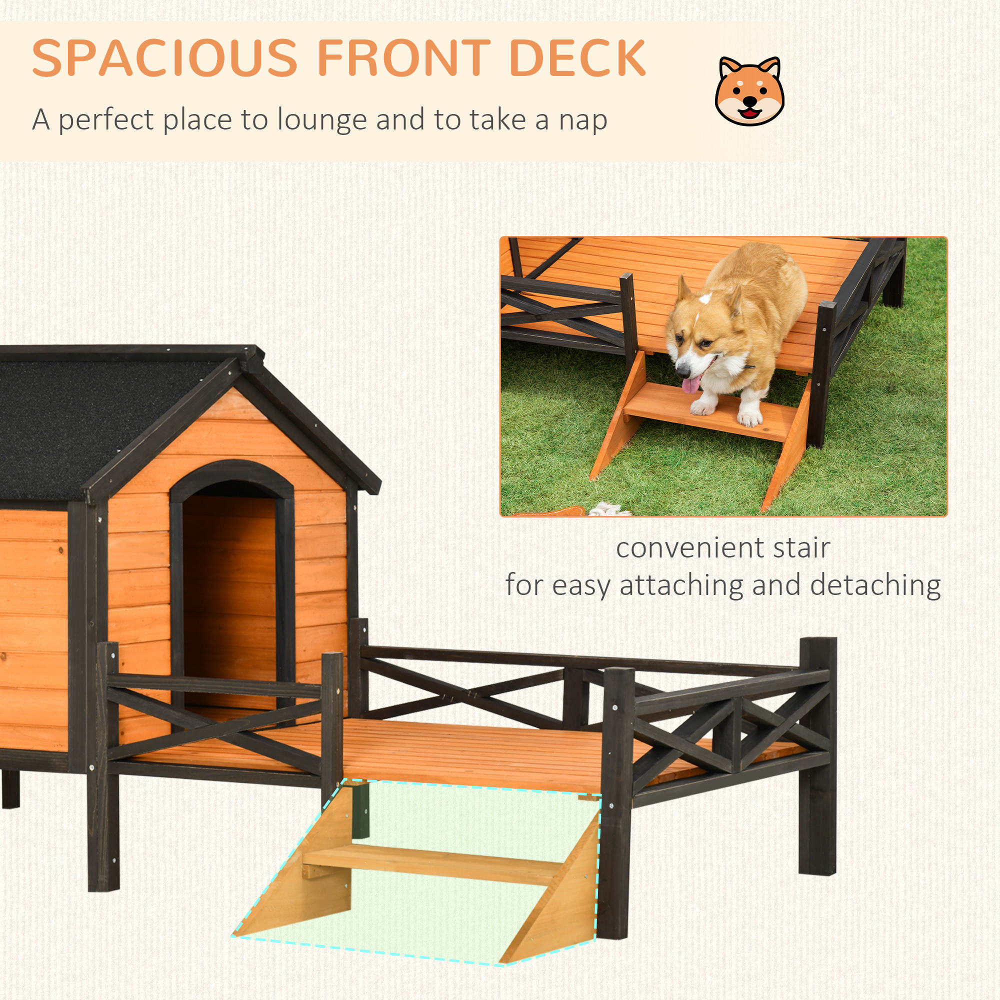 PawHut Outdoor Dog House with Porch, Wooden Dog Kennel with Water-resistant Asphalt Roof, Ladders, Fencing, Window, for Small and Medium Dog, Natural