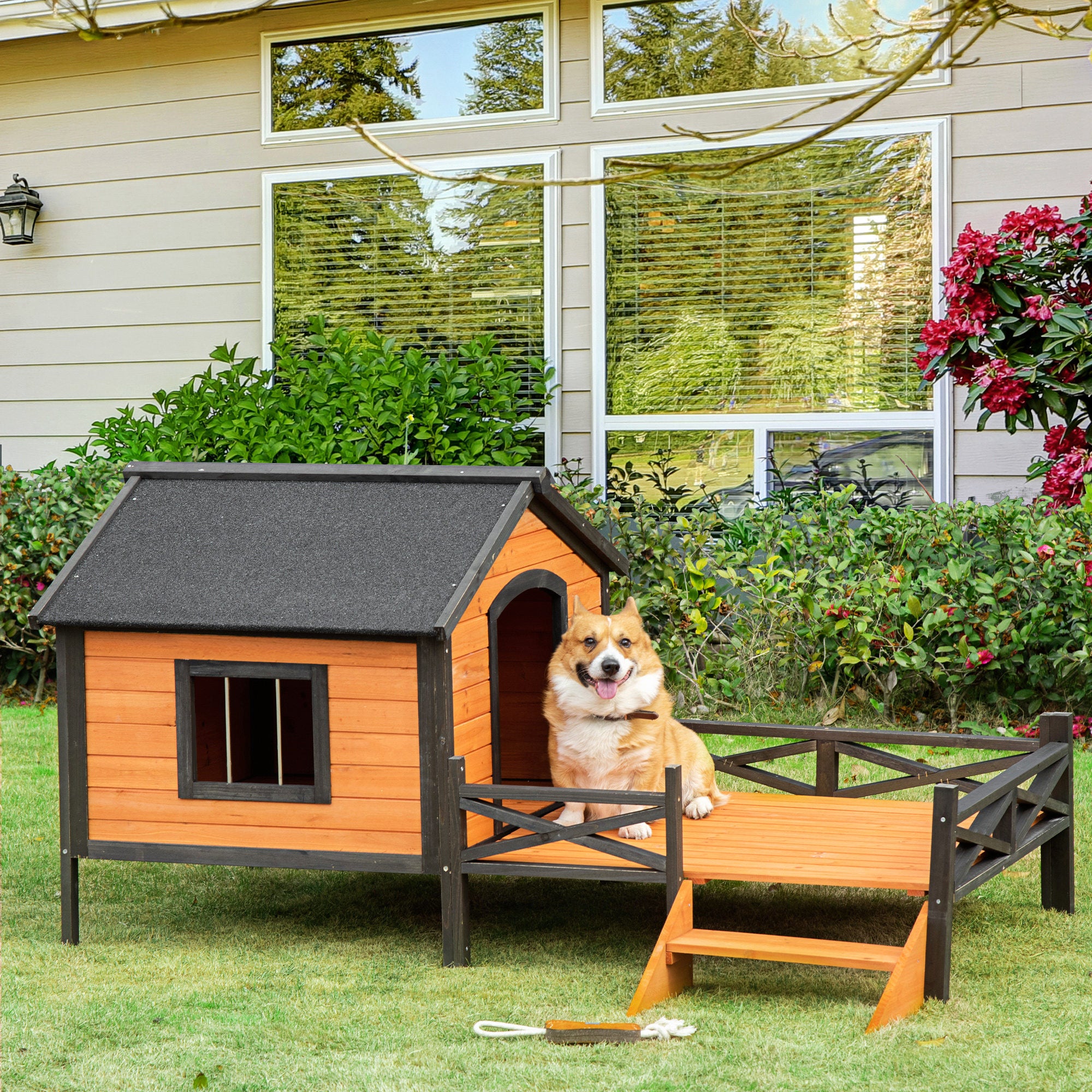 PawHut Outdoor Dog House with Porch, Wooden Dog Kennel with Water-resistant Asphalt Roof, Ladders, Fencing, Window, for Small and Medium Dog, Natural