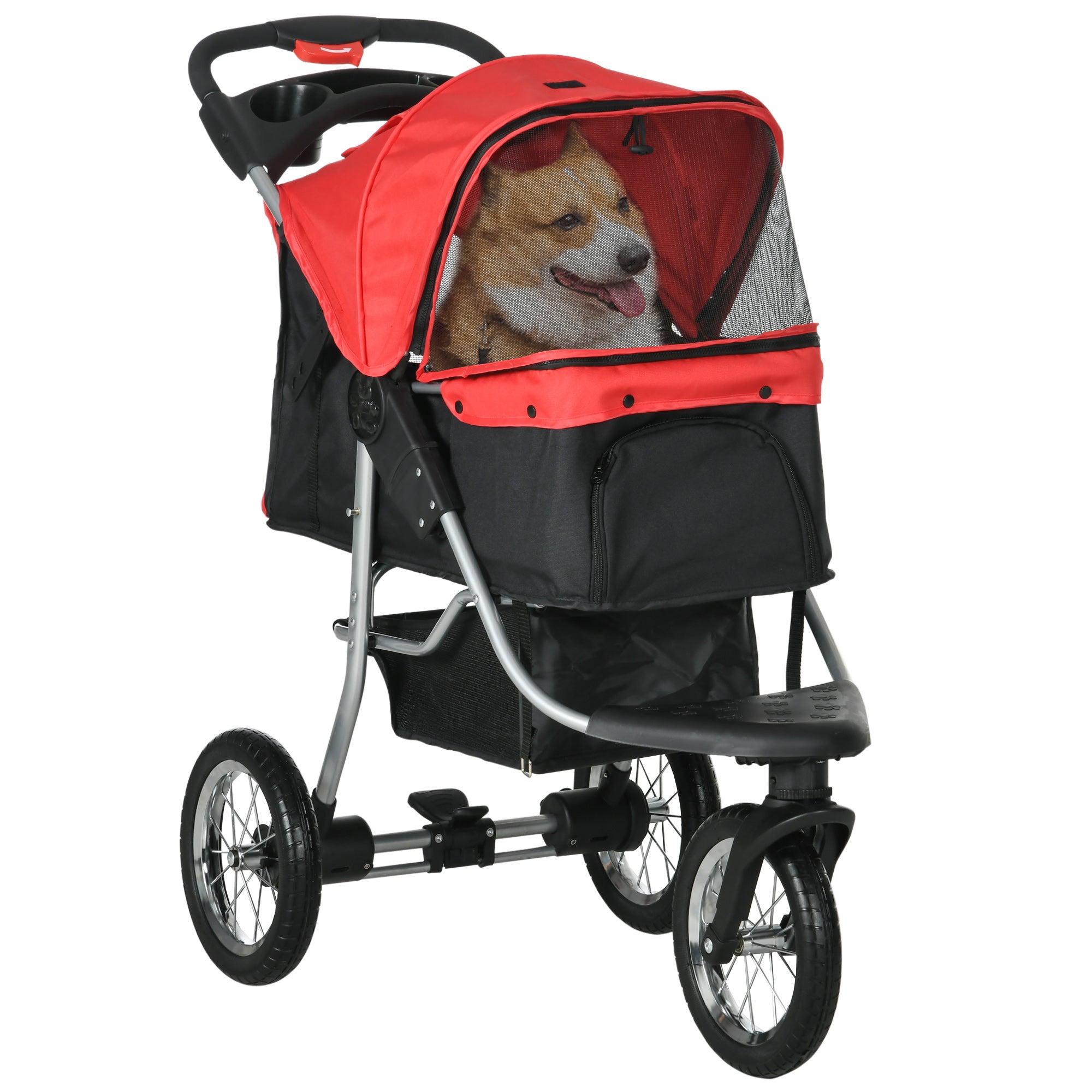 PawHut 3-Wheel Pet Stroller: Foldable Adjustable Canopy Secure & Red