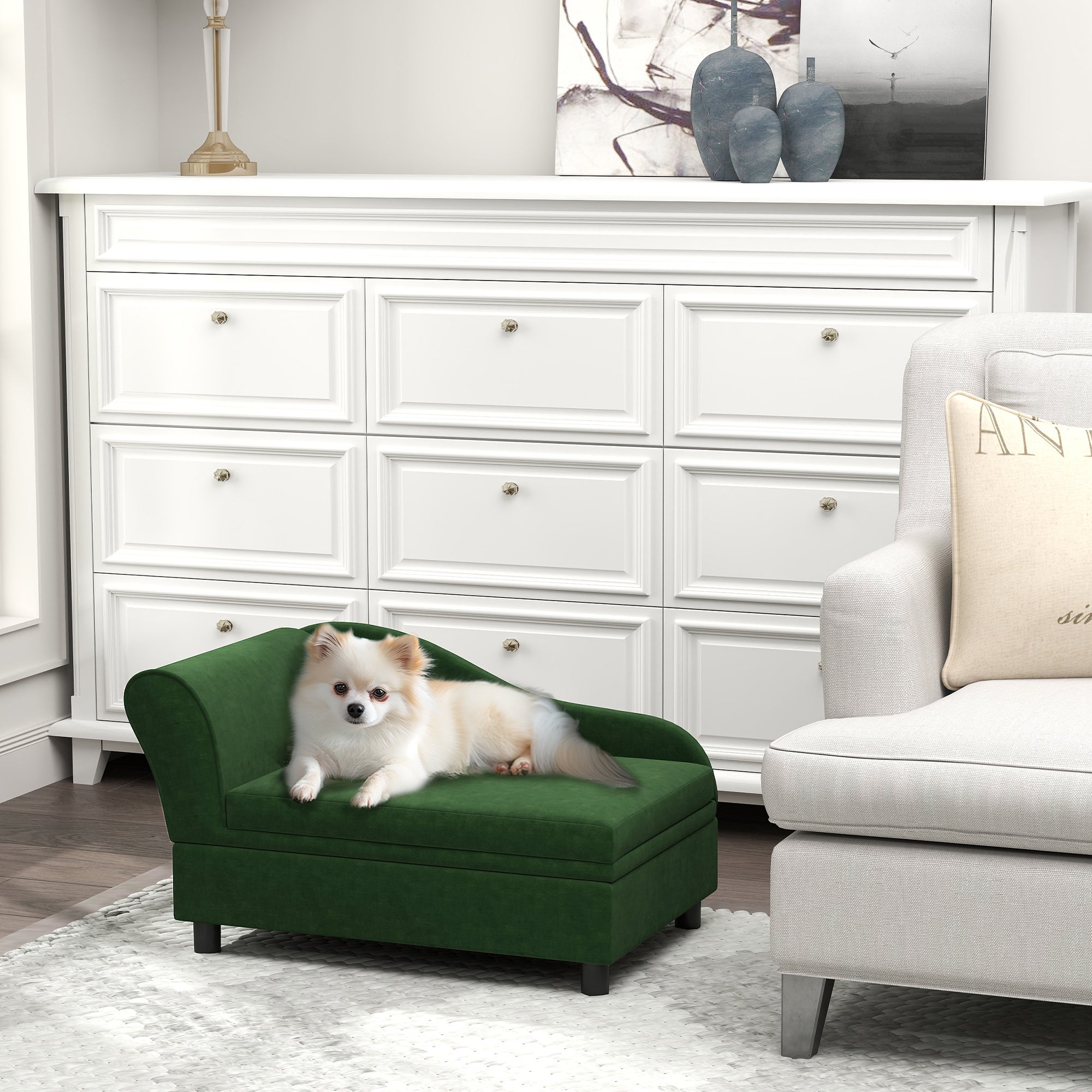 PawHut Luxury Fancy Dog Bed for Small Dogs with Hidden Storage, Small Dog Couch with Soft 2" Foam, Dog Sofa Bed, Cushy Dog Bed, Modern Pet Furniture for Puppies and Little Breeds, Green