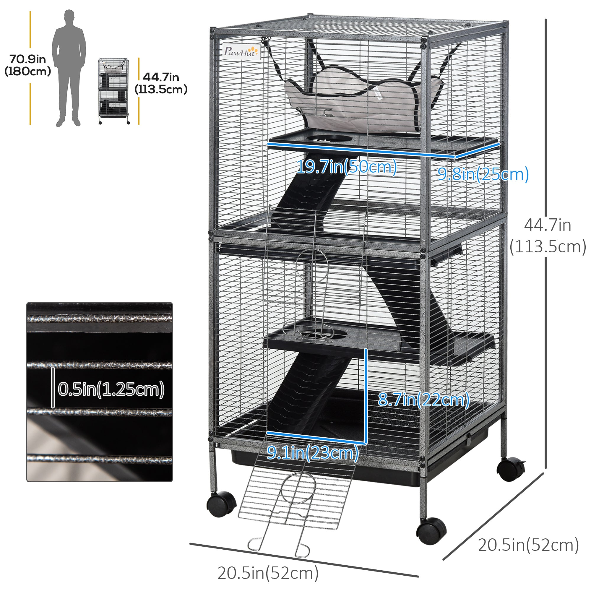 4-Tier Rolling Small Animal Cage, Deluxe Guinea Pig Cage, Ferret Cage for Mink Chinchilla Kitten Rabbit, Small Pet Play House with Hammock Platform, Ramp, Removable Tray, Silver Grey