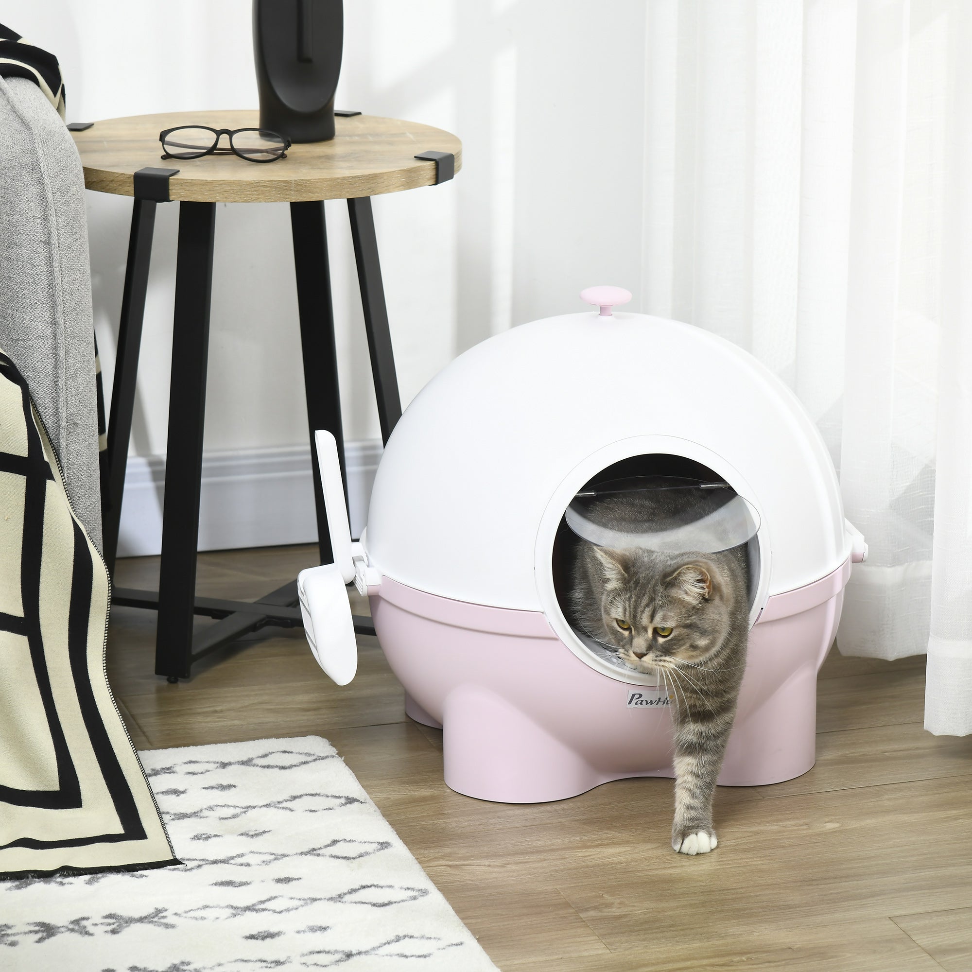 Cat Litter Box with Lid, Enclosed Kitty Litter Box with Scoop, Leaking Sand Pedal, Top Handle, Pink