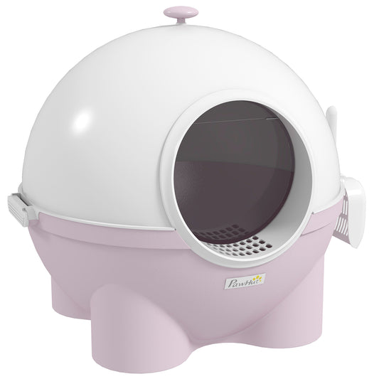 Cat Litter Box with Lid, Enclosed Kitty Litter Box with Scoop, Leaking Sand Pedal, Top Handle, Pink