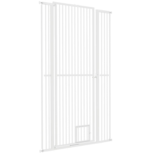PawHut 67" Extra Tall Pet Gate for Cats, 30"-41" Cat Gate with Small Cat Door, 1.4" Narrow Gap, 2.8" and 5.5" Extension, Pressure Mounted No Drilling Dog Gate for Doorway, Hallway, Stairway, White