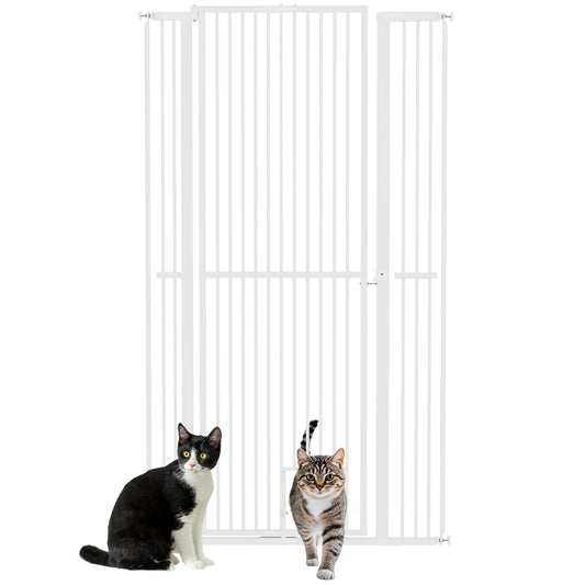 PawHut 67" Extra Tall Pet Gate for Cats, 30"-41" Cat Gate with Small Cat Door, 1.4" Narrow Gap, 2.8" and 5.5" Extension, Pressure Mounted No Drilling Dog Gate for Doorway, Hallway, Stairway, White