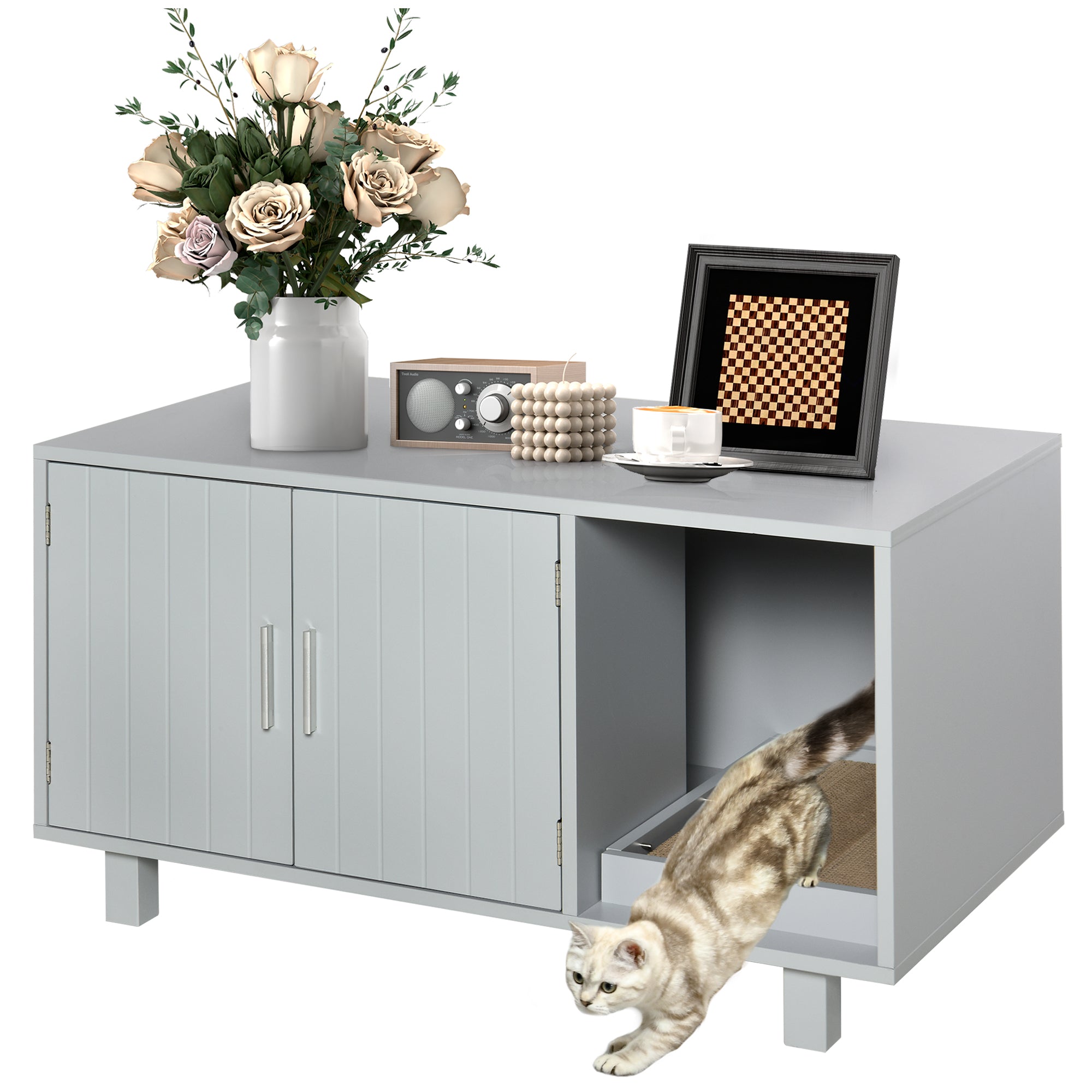 Cat Litter Box Enclosure, Hidden Litter Box Furniture, Cat House End Table Washroom with Scratching Pad, for Indoor Cats Kittens, Grey