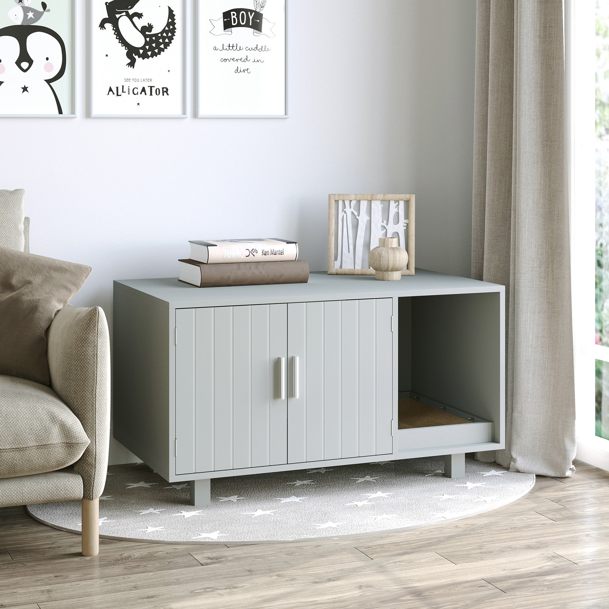 Cat Litter Box Enclosure, Hidden Litter Box Furniture, Cat House End Table Washroom with Scratching Pad, for Indoor Cats Kittens, Grey