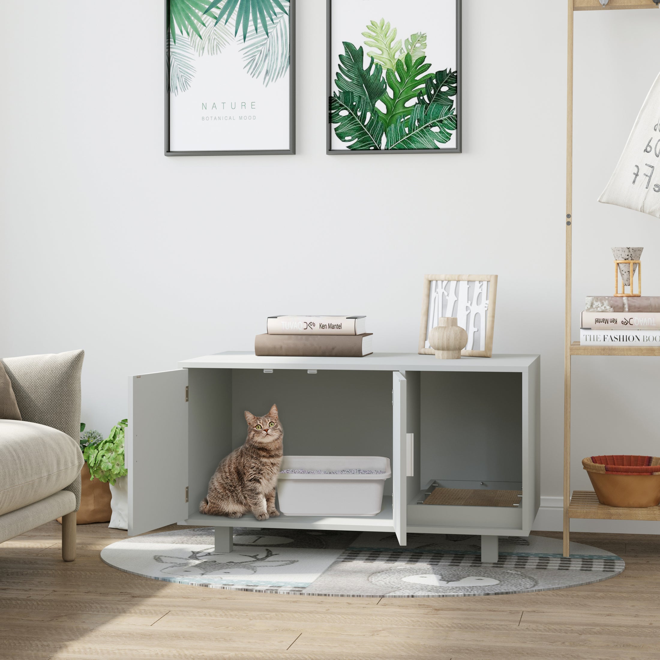 Cat Litter Box Enclosure, Hidden Litter Box Furniture, Cat House End Table Washroom with Scratching Pad, for Indoor Cats Kittens, Grey