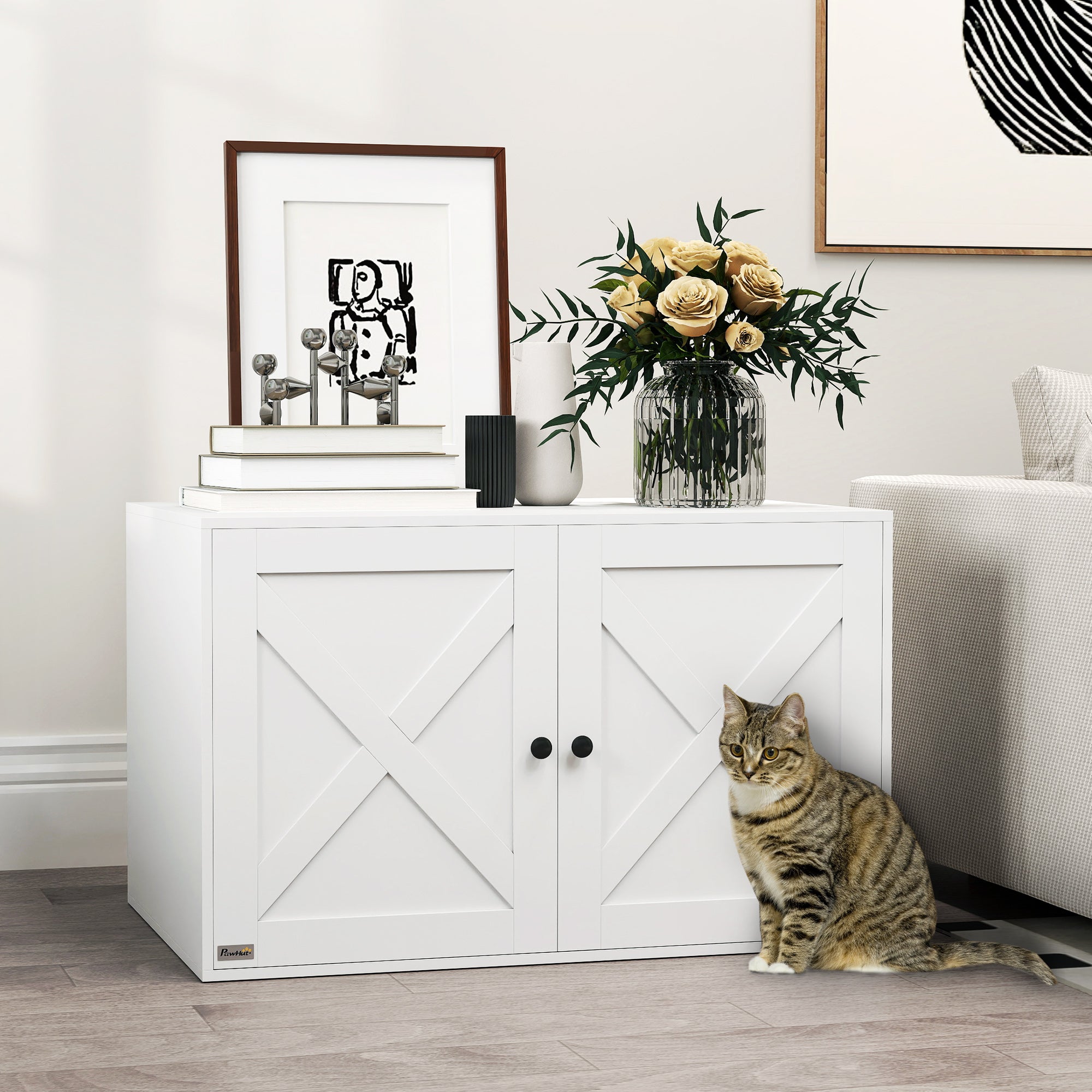 Cat Litter Box Enclosure, Hidden Washroom Furniture with Doors, Cat Hole, Handles, Indoor Pet House Side End Table Fit Most of Cat and Litter Box, 31.5" x 21" x 20", White