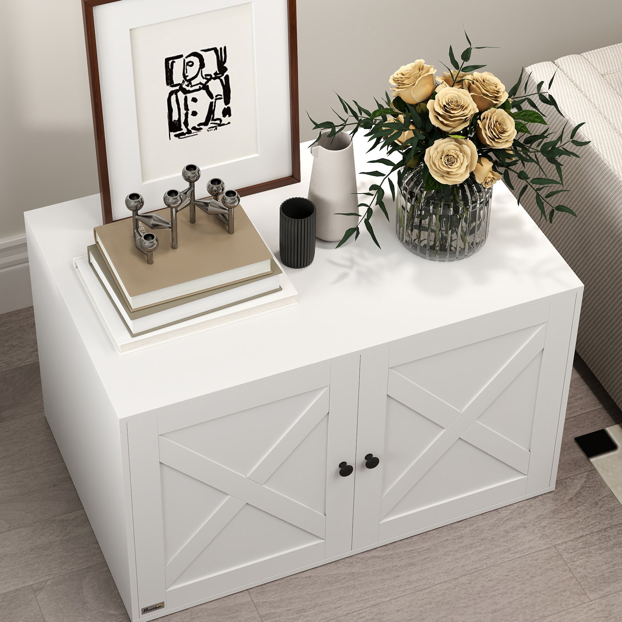 Cat Litter Box Enclosure, Hidden Washroom Furniture with Doors, Cat Hole, Handles, Indoor Pet House Side End Table Fit Most of Cat and Litter Box, 31.5" x 21" x 20", White