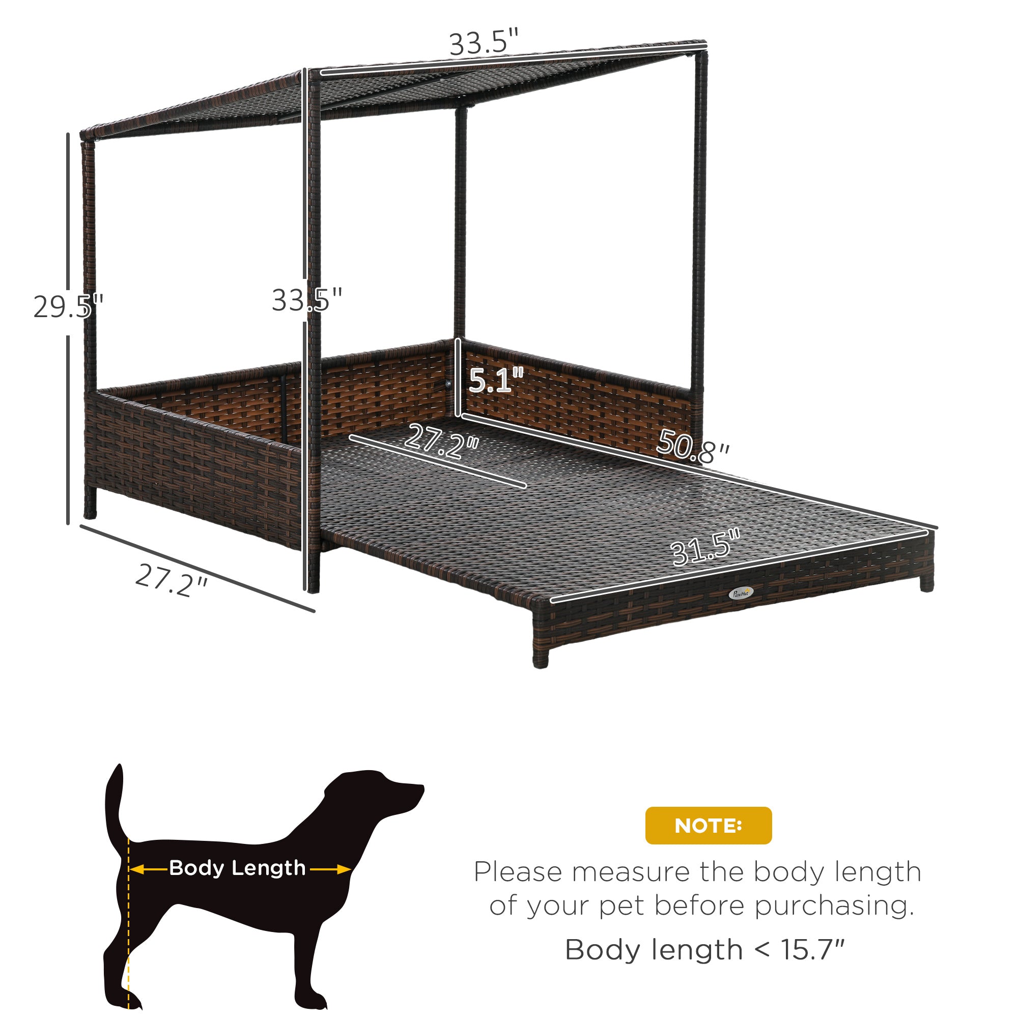 PawHut Wicker Dog House Outdoor with Canopy, Rattan Dog Bed with Removable Cushion, Raised Dog Bed, Cat Shelter, Patio Pet Sofa for Medium Sized Pet Mixed-Brown