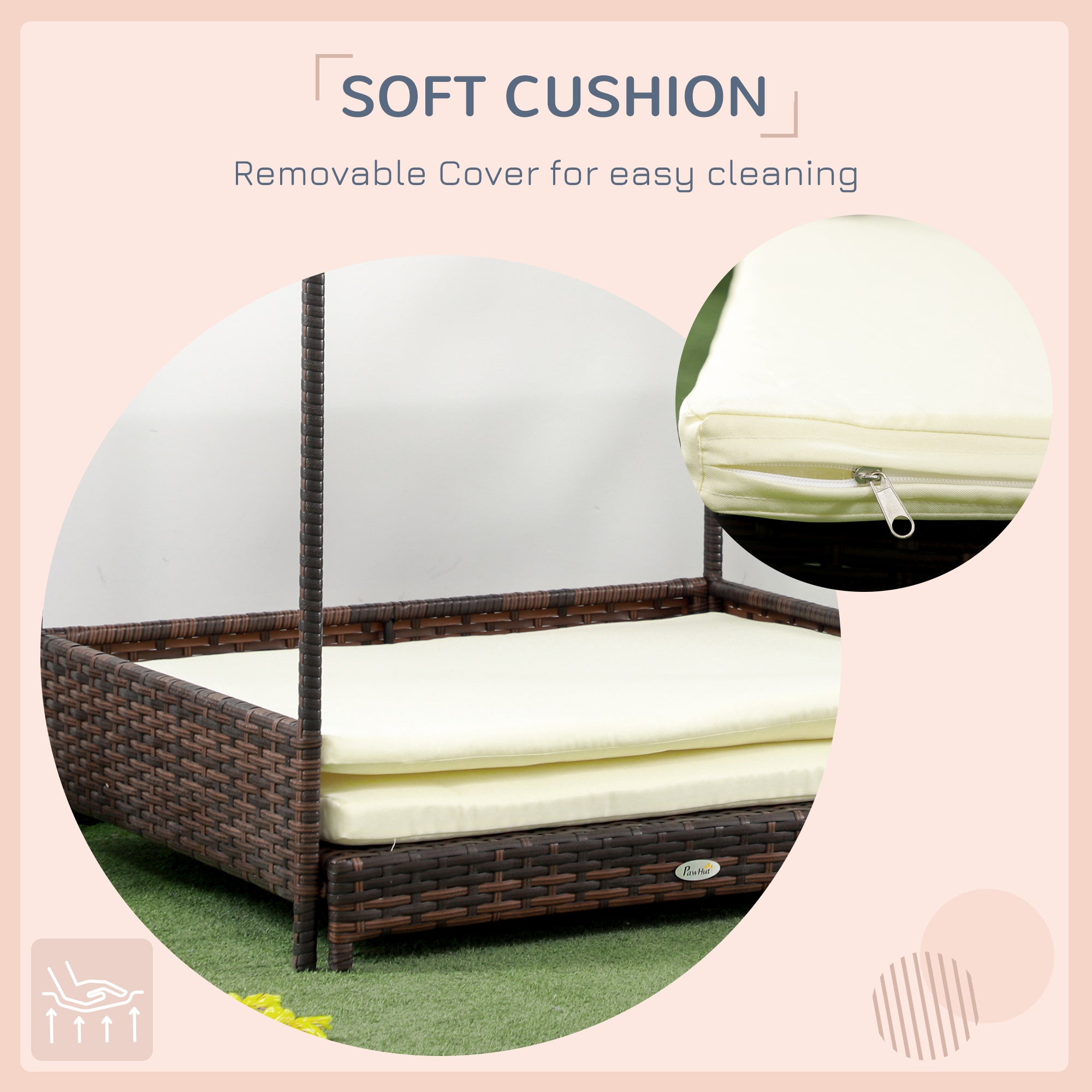 PawHut Wicker Dog House Outdoor with Canopy, Rattan Dog Bed with Removable Cushion, Raised Dog Bed, Cat Shelter, Patio Pet Sofa for Medium Sized Pet Mixed-Brown