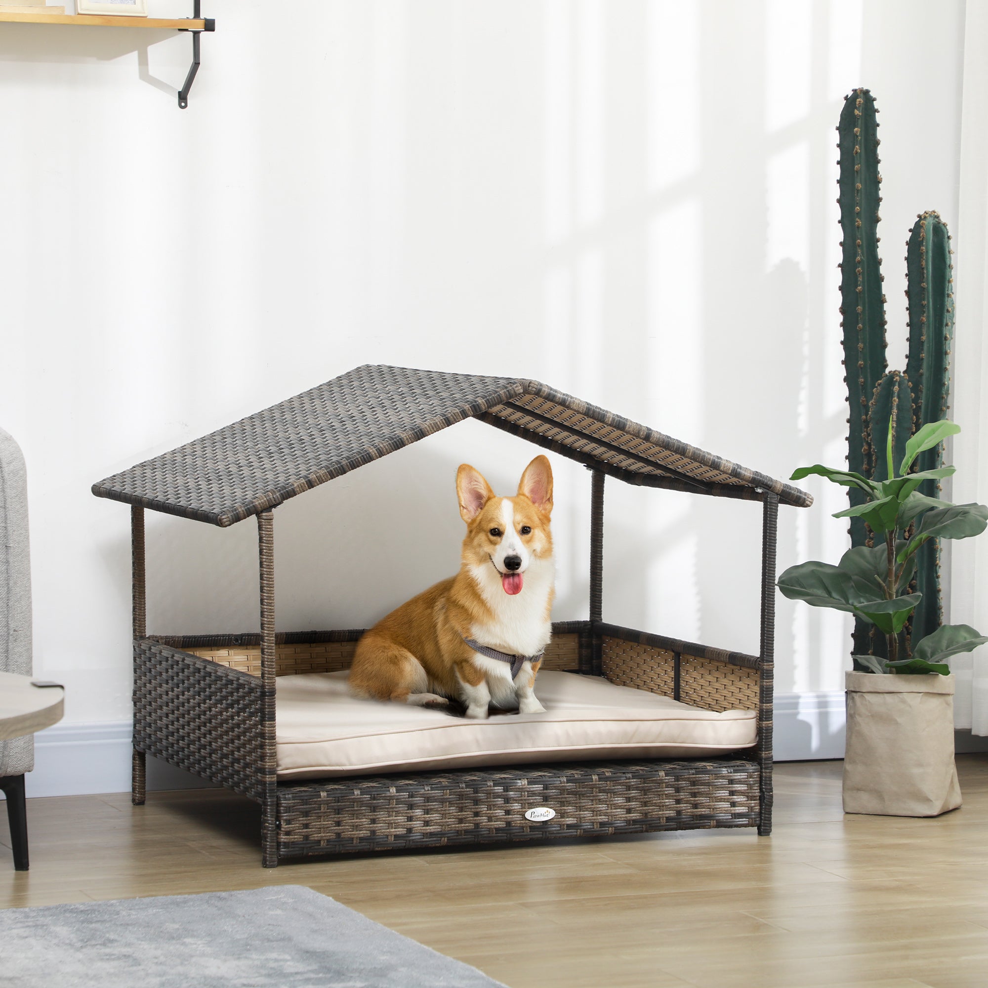 PawHut Wicker Dog House Outdoor with Canopy, Rattan Dog Bed with Water-resistant Cushion, Raised Dog Bed for Small, Medium Dogs up to 66 lbs, 19.75" in Length, Brown Wicker, Khaki Cushion