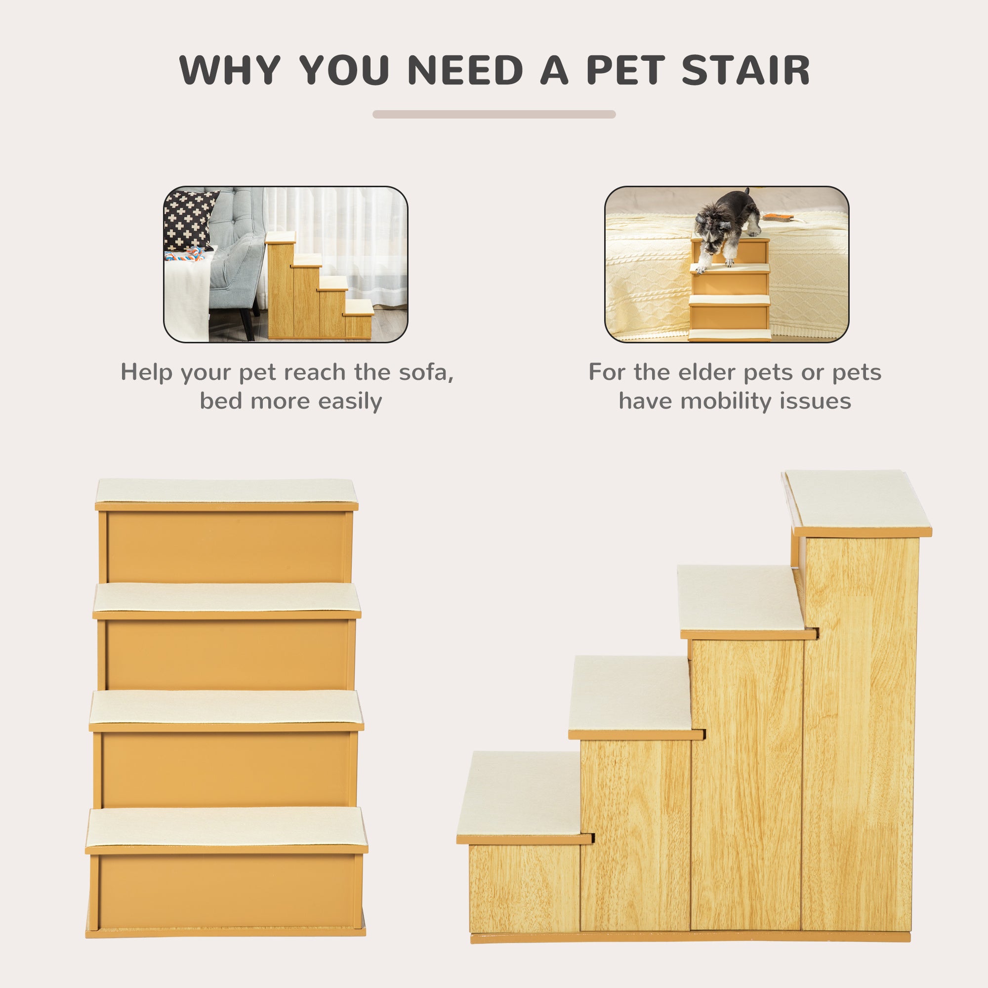 PawHut Pet Stairs, Small Pet Steps with Cushioned Removable Covering for Dogs and Cats Up To 22 lbs. , Natural
